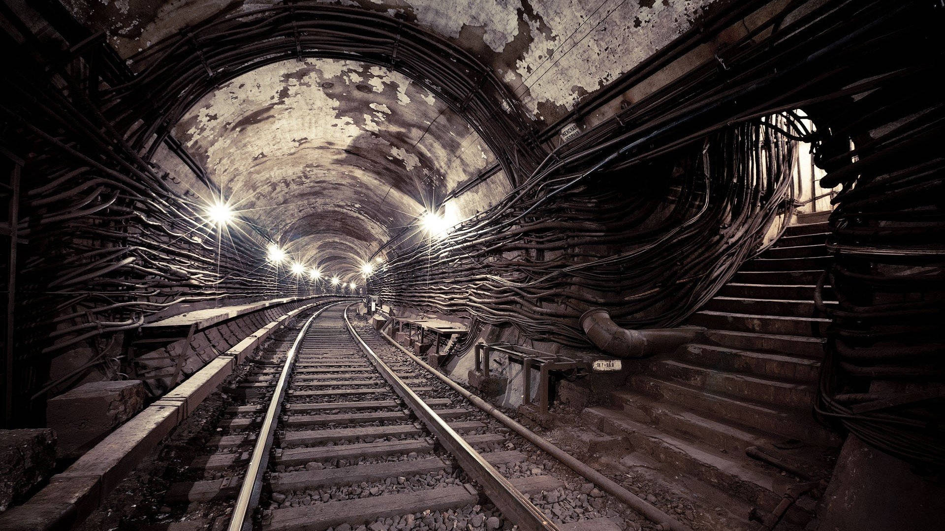 old subway tunnel, abandoned subway tunnel, rusted tracks, Full HD Desktop Wallpaper