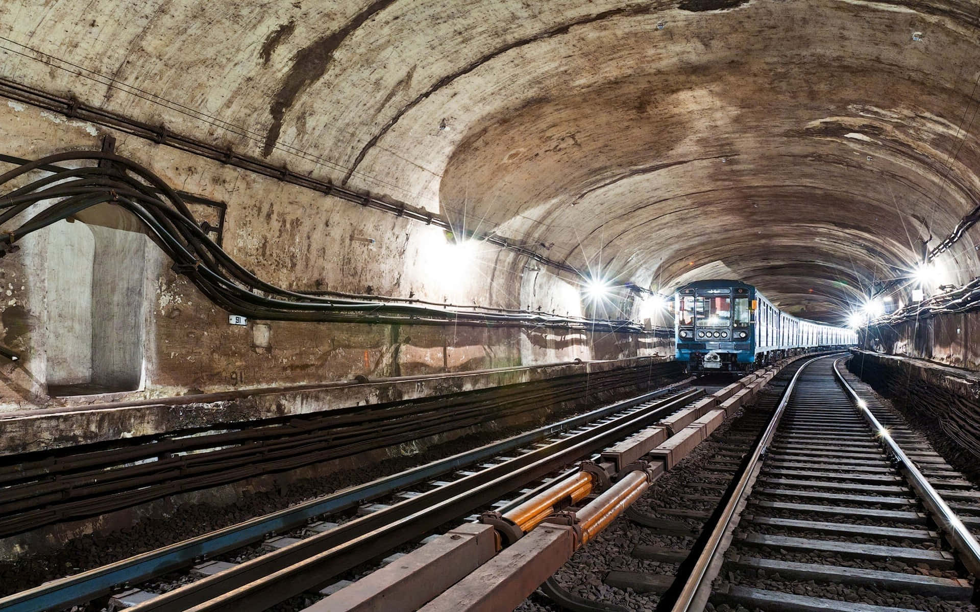 metro, blue subway train, dimly lit, Full HD Desktop Wallpaper