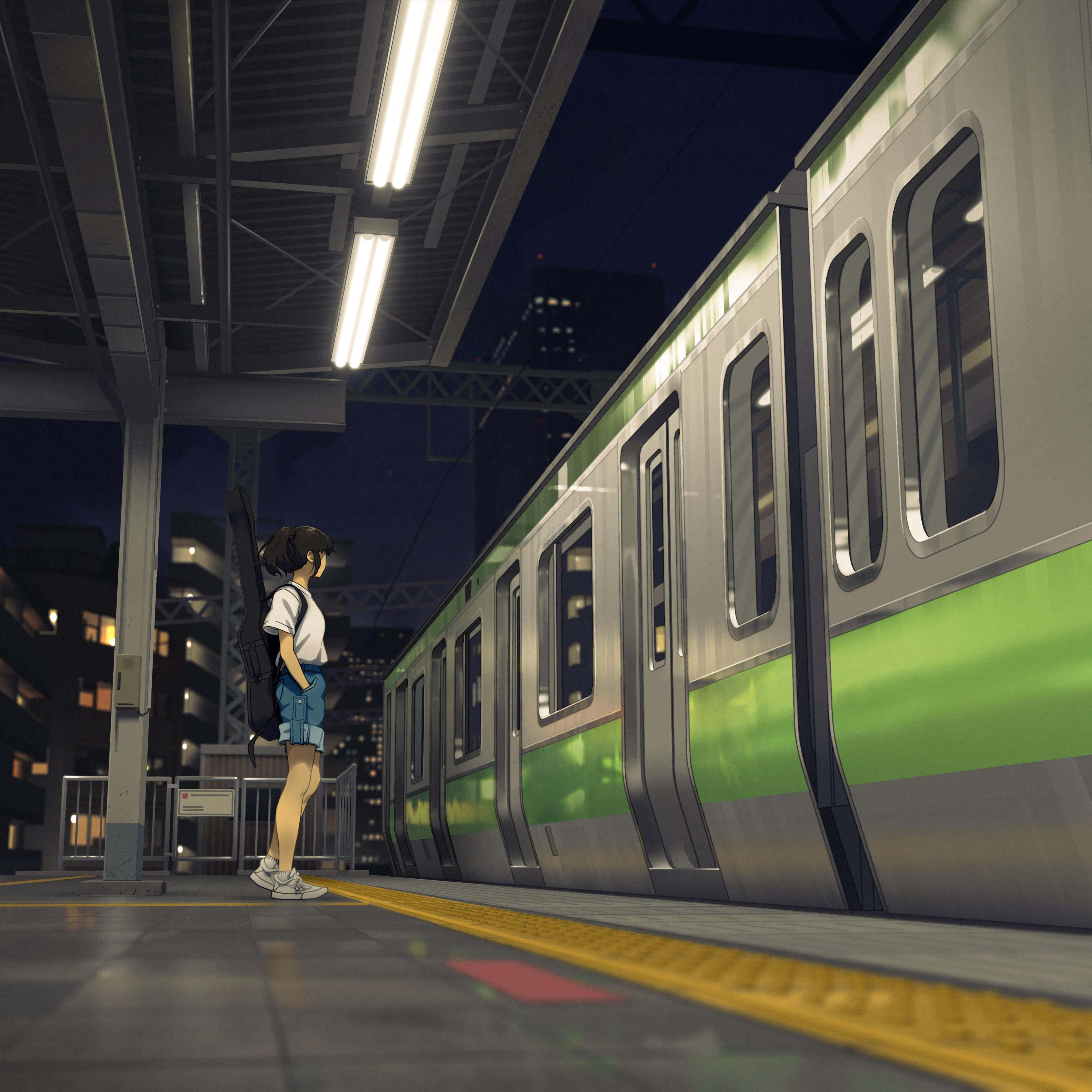 anime girl, guitar, dimly lit subway platform, 4K Desktop Wallpaper