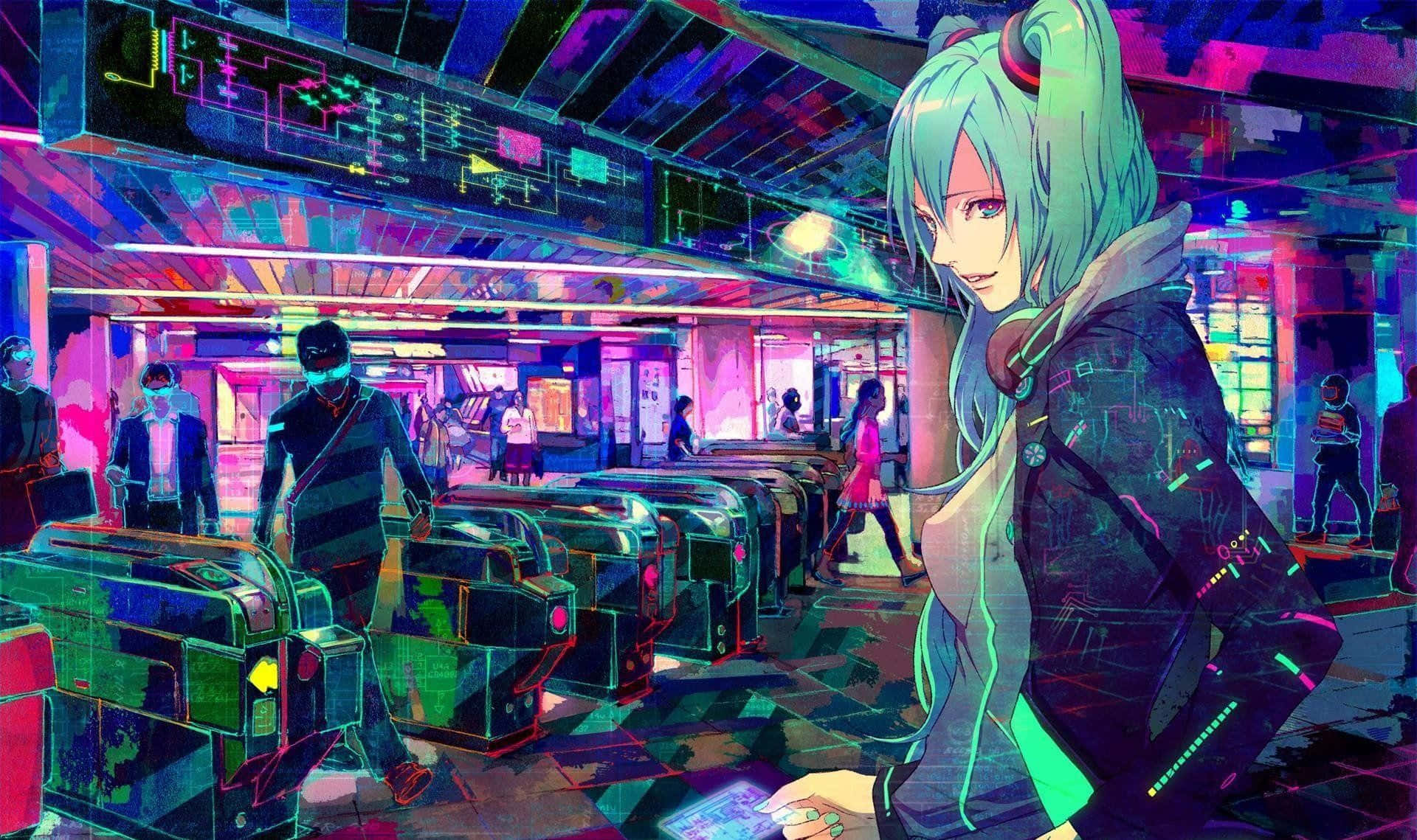 cyberpunk, anime girl, teal hair, Full HD Desktop Wallpaper