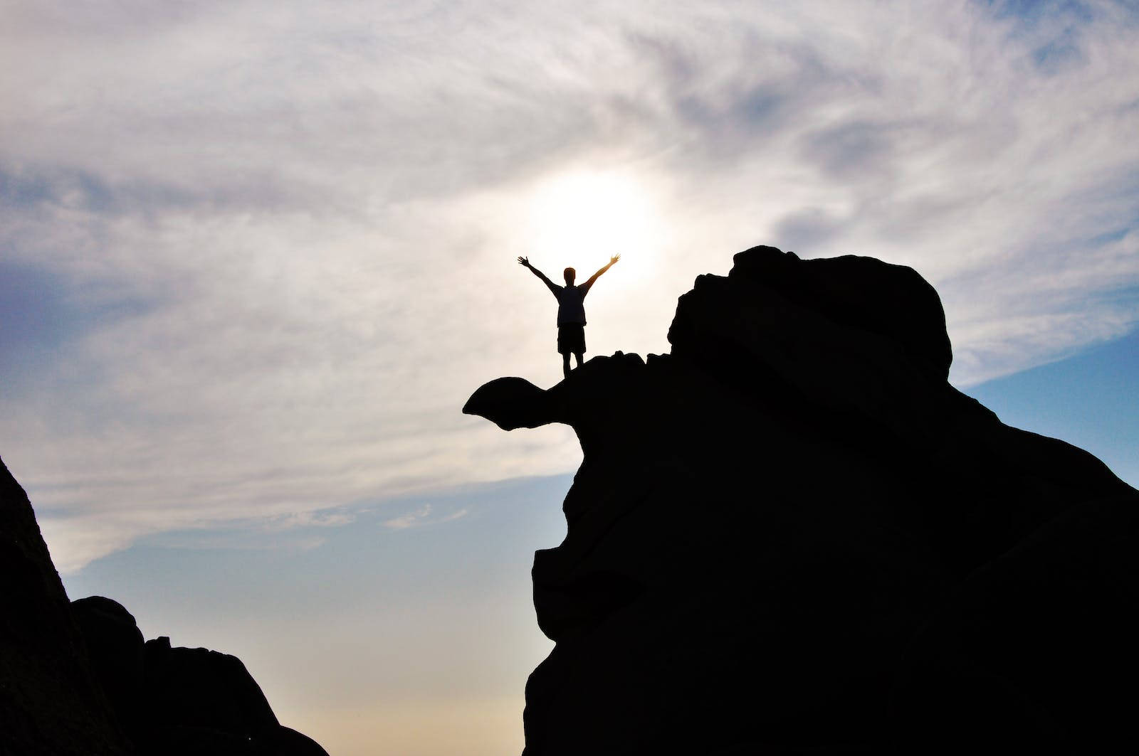 cliff, silhouetted person, rocky outcrop, HD Desktop Wallpaper