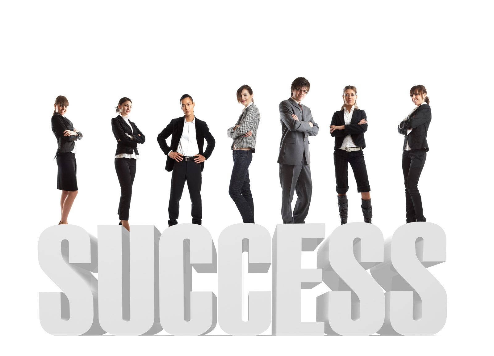 success, white 3d letters, seven confident business professionals, HD Desktop Wallpaper