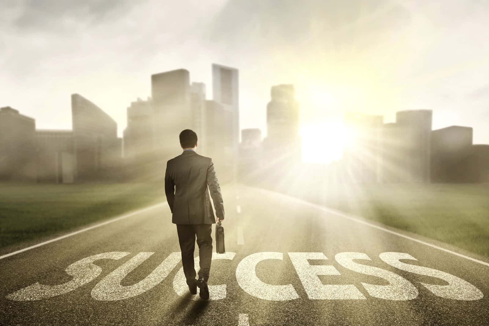 SUCCESS, glowing city skyline, sunrise, HD Desktop Wallpaper