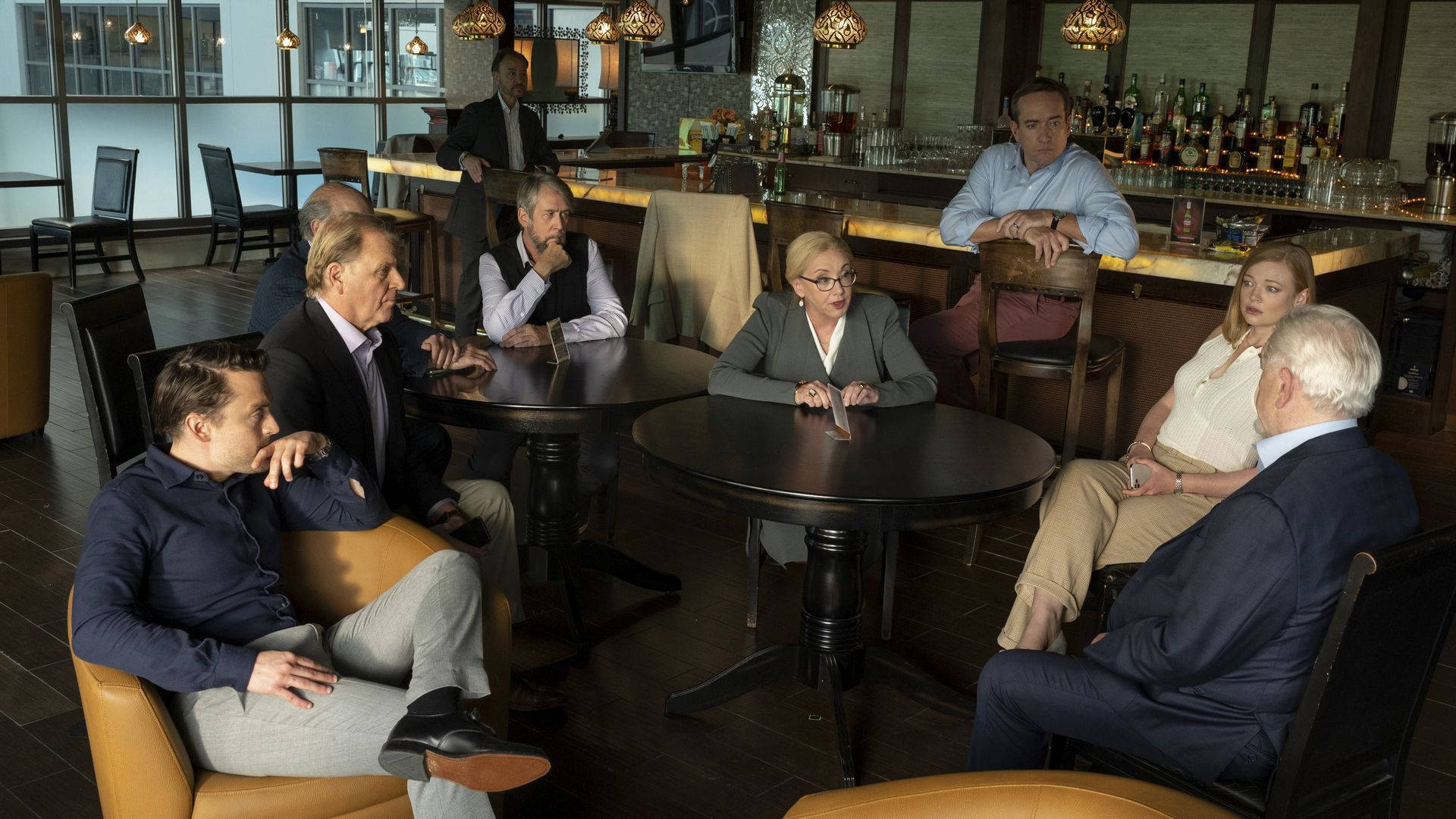 Succession, cast meeting, modern upscale bar, Full HD Desktop Wallpaper