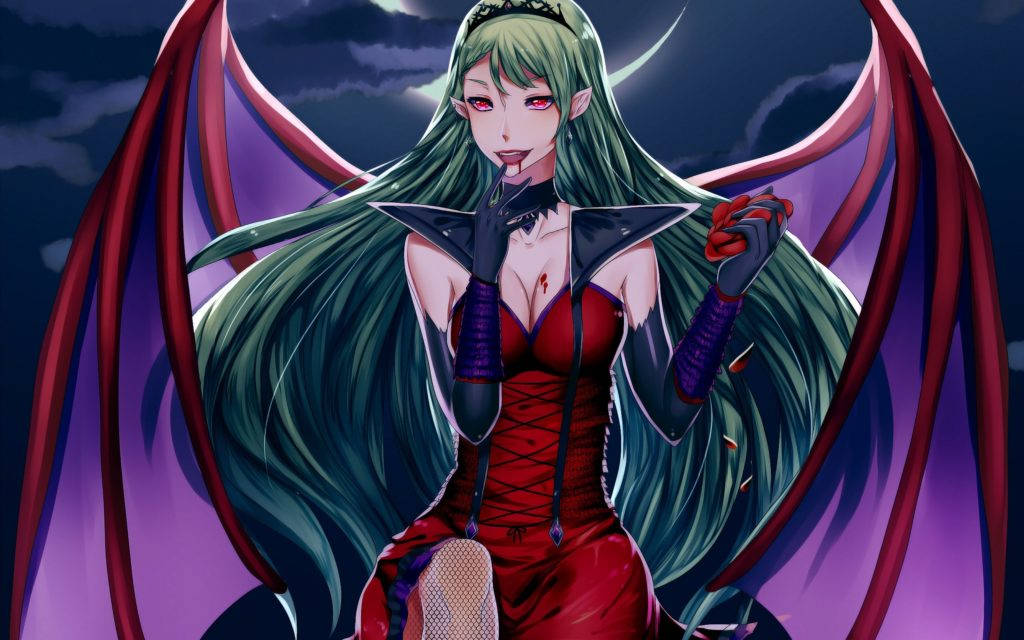 Succubus, green hair, red bat wings, SD Desktop Wallpaper