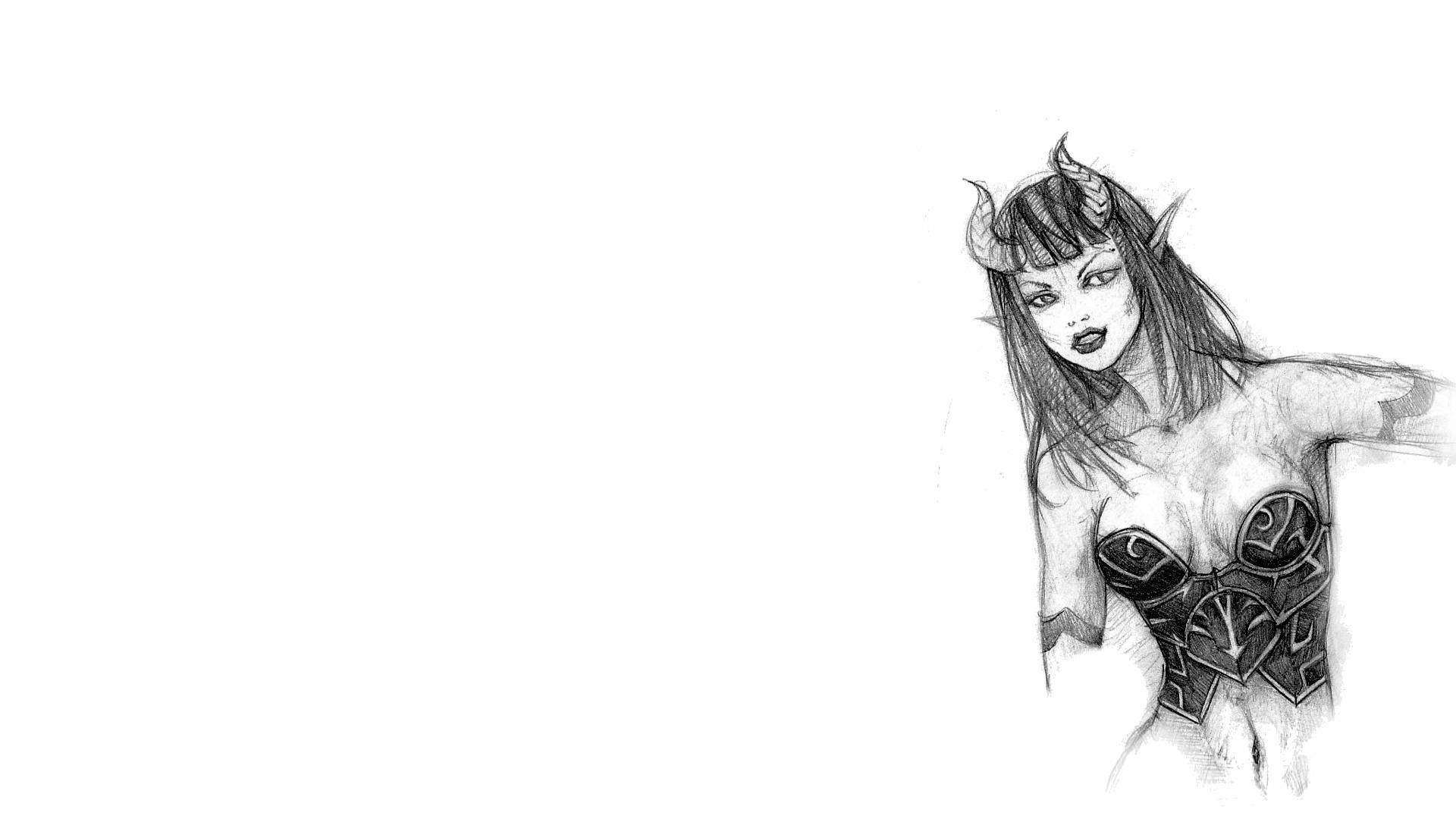 succubus, black and white sketch, demonic female figure, Full HD Desktop Wallpaper