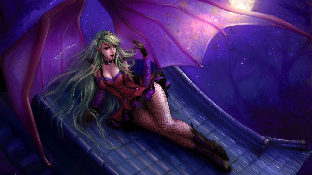 Succubus, green hair, tiled roof, SD Desktop Wallpaper