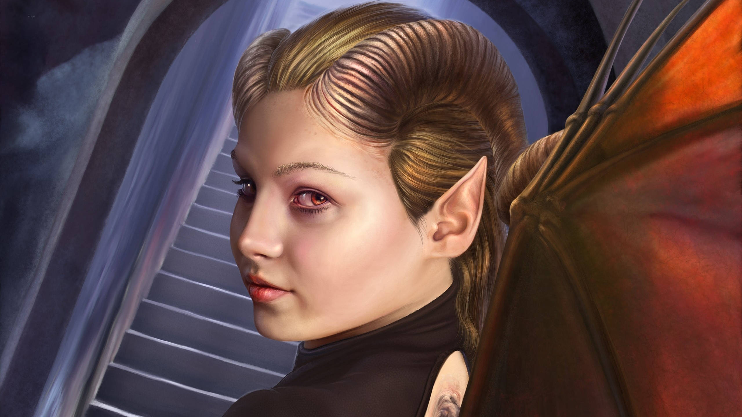 blonde succubus, elfin woman, red eyes, 2K Desktop Wallpaper