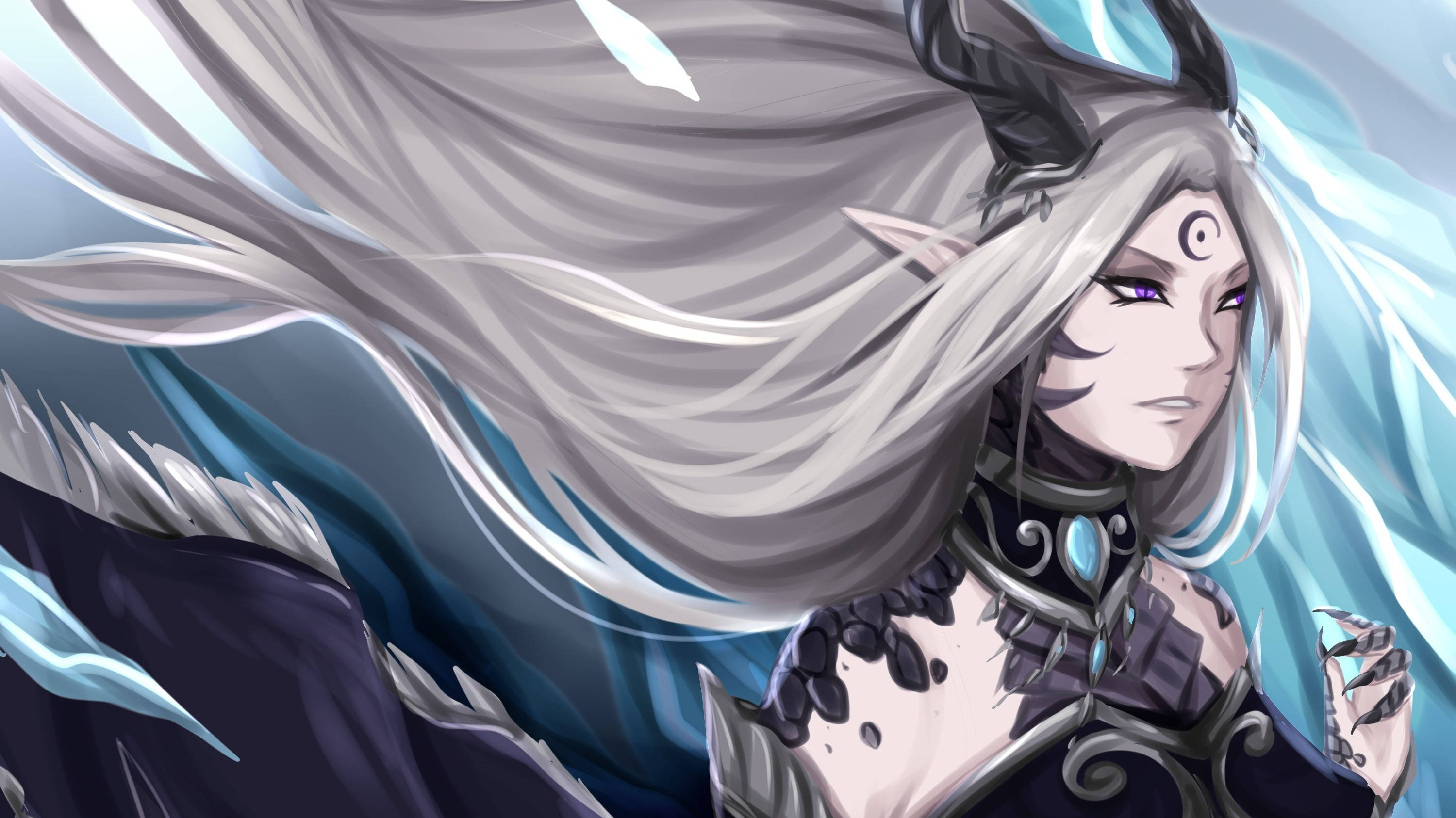 Succubus, long flowing hair, silver hair, 2K Desktop Wallpaper