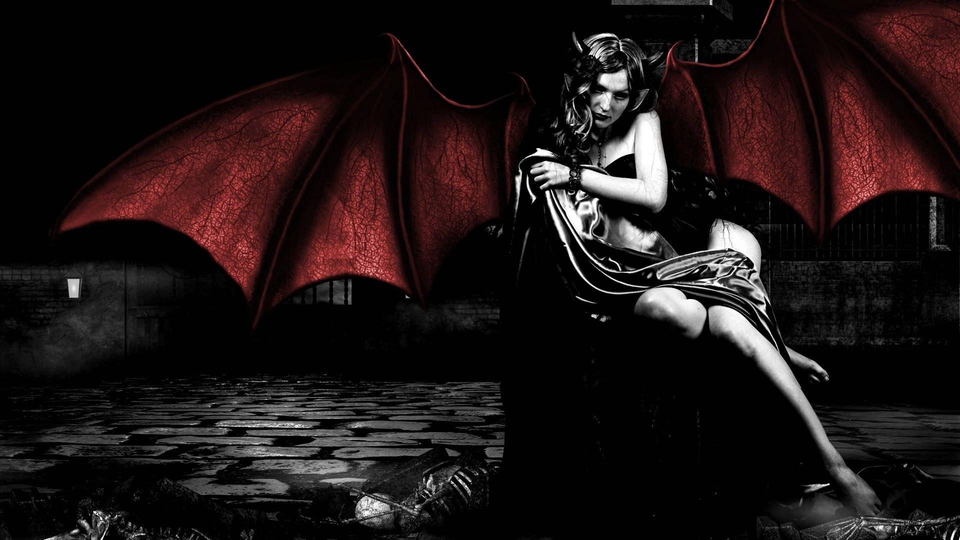 dark succubus, red bat wings, stone ruin, Full HD Desktop Wallpaper
