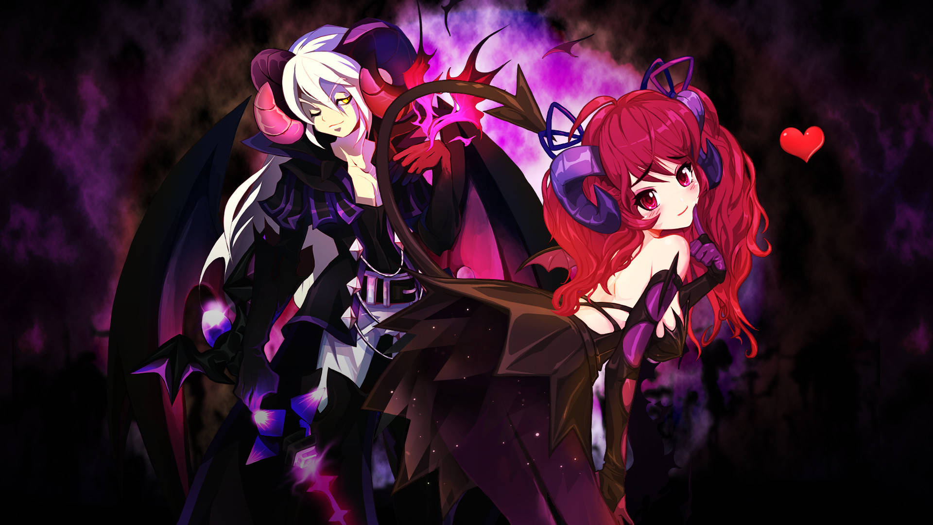 anime-style demon characters, wings, horns, Full HD Desktop Wallpaper