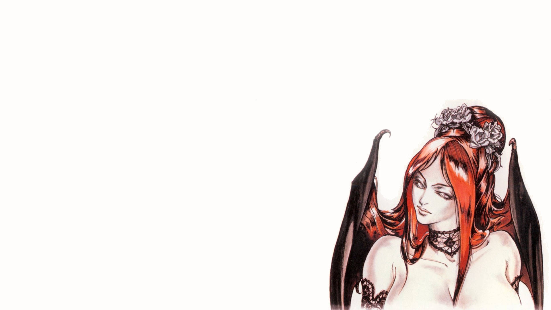Red Succubus, black bat wings, floral hairpiece, Full HD Desktop Wallpaper
