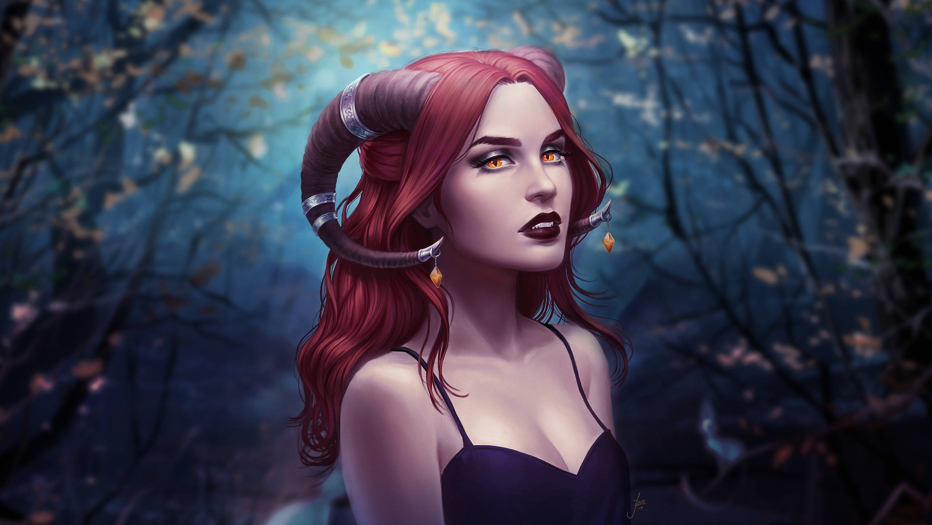 redhead succubus, curved horns, golden eyes, 2K Desktop Wallpaper