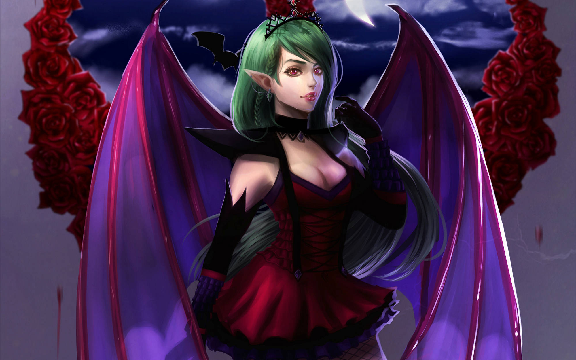 green-haired, anime vampire girl, purple wings, Full HD Desktop Wallpaper
