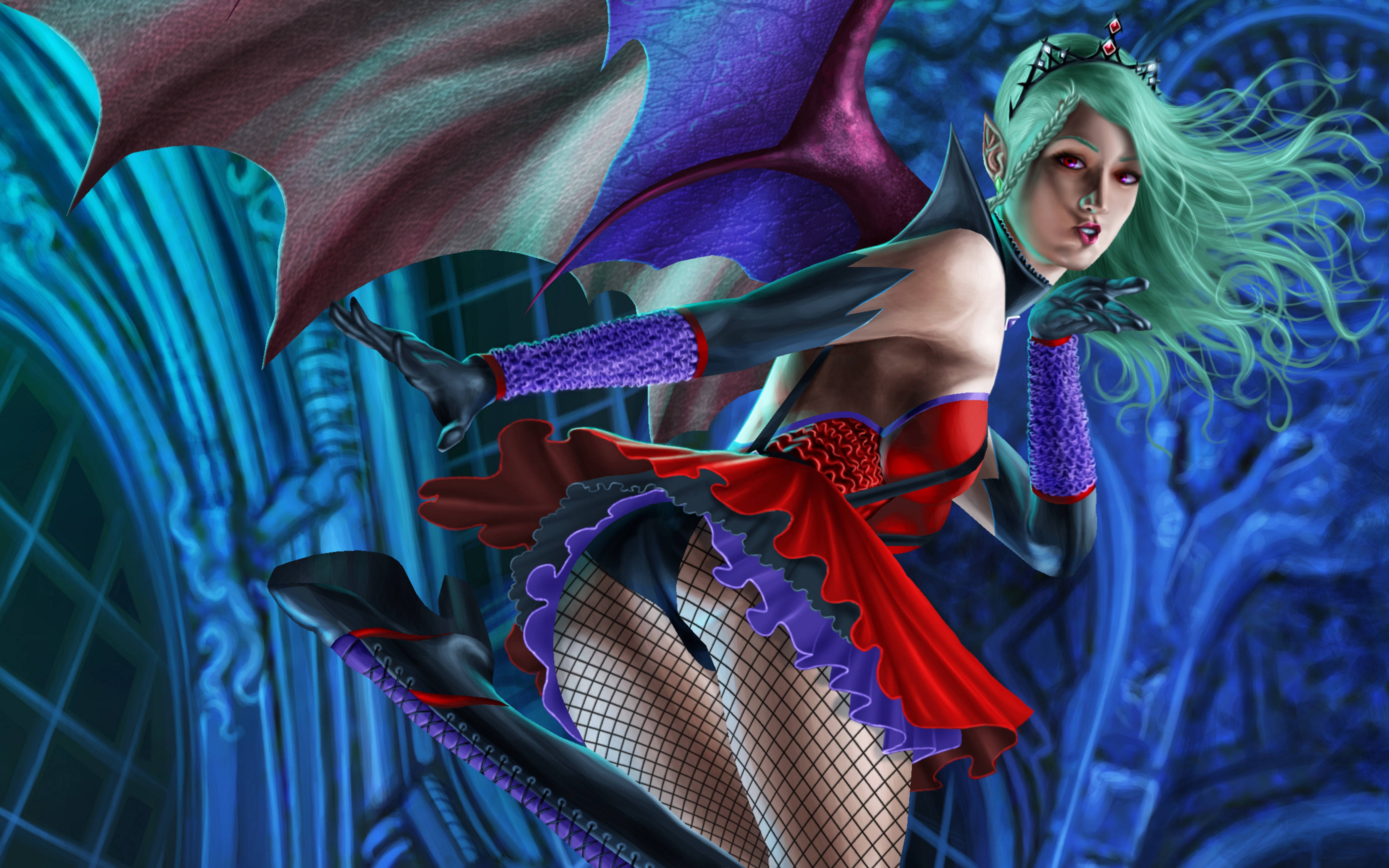 Succubus, green hair, bat wings, 4K Desktop Wallpaper