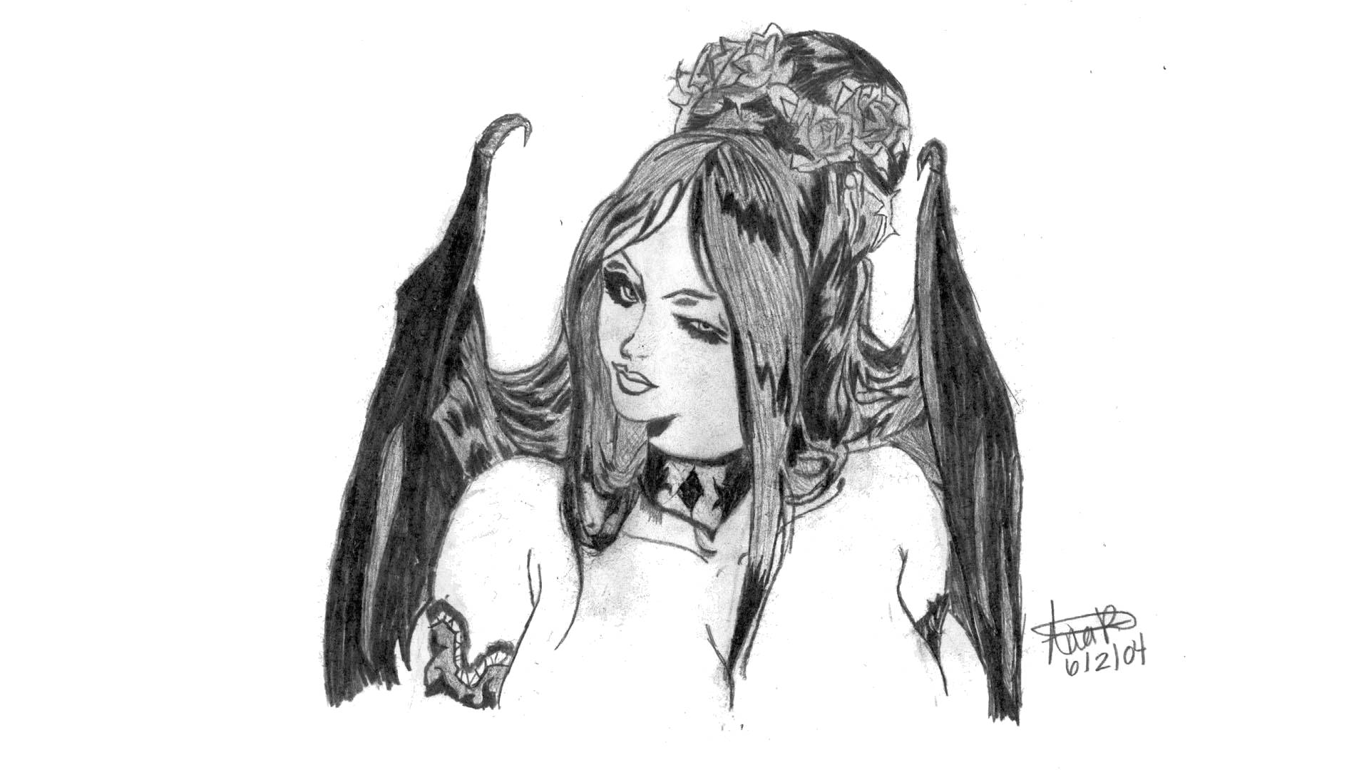succubus, pencil sketch, bat wings, Full HD Desktop Wallpaper