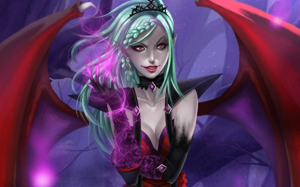 Succubus, glowing hand, teal hair, SD Desktop Wallpaper