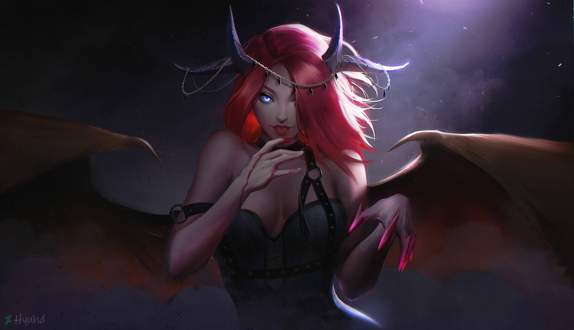 redhead succubus, bat wings, glowing eyes, Full HD Desktop Wallpaper