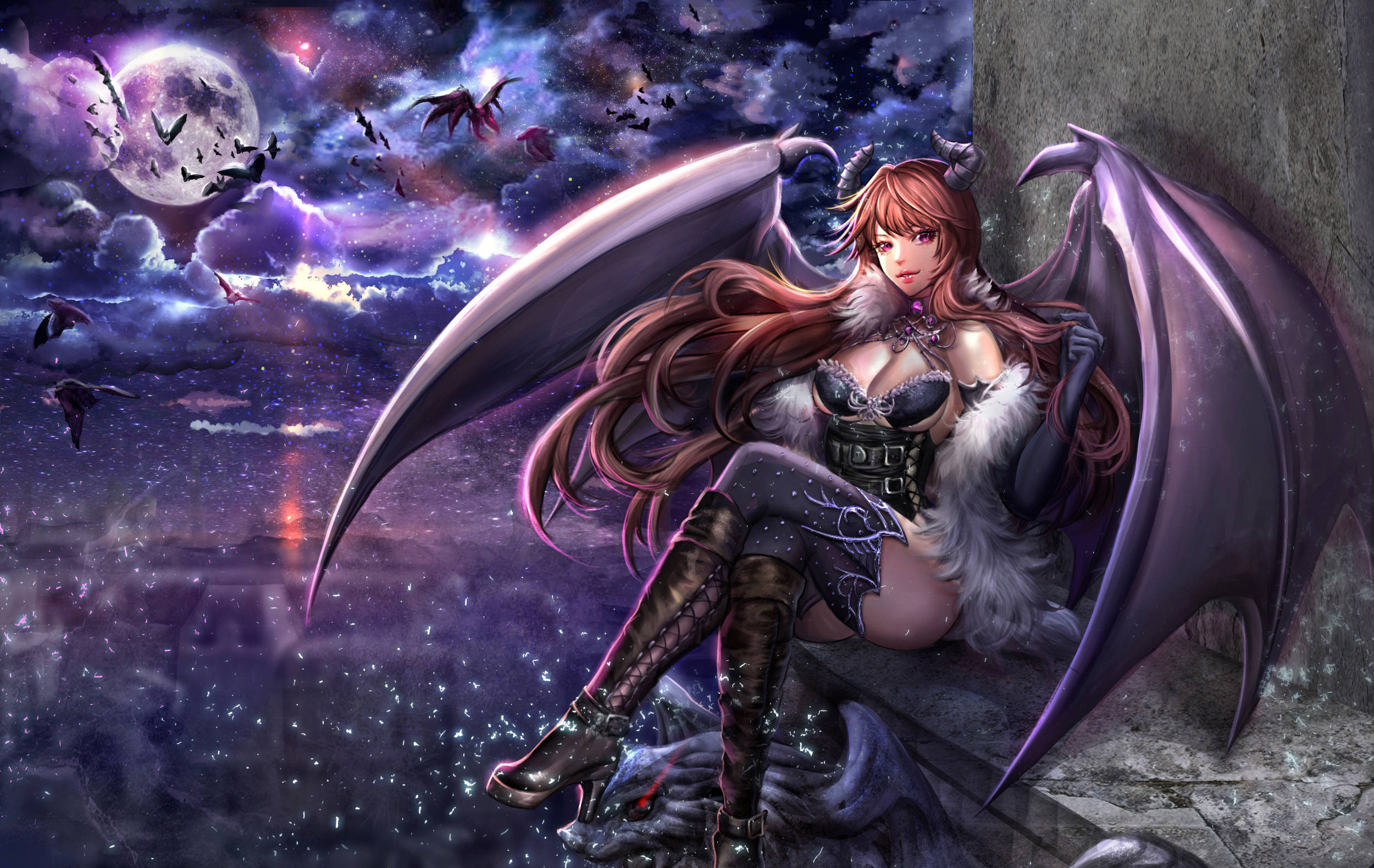 Succubus, crimson-haired anime girl, bat wings, Full HD Desktop Wallpaper