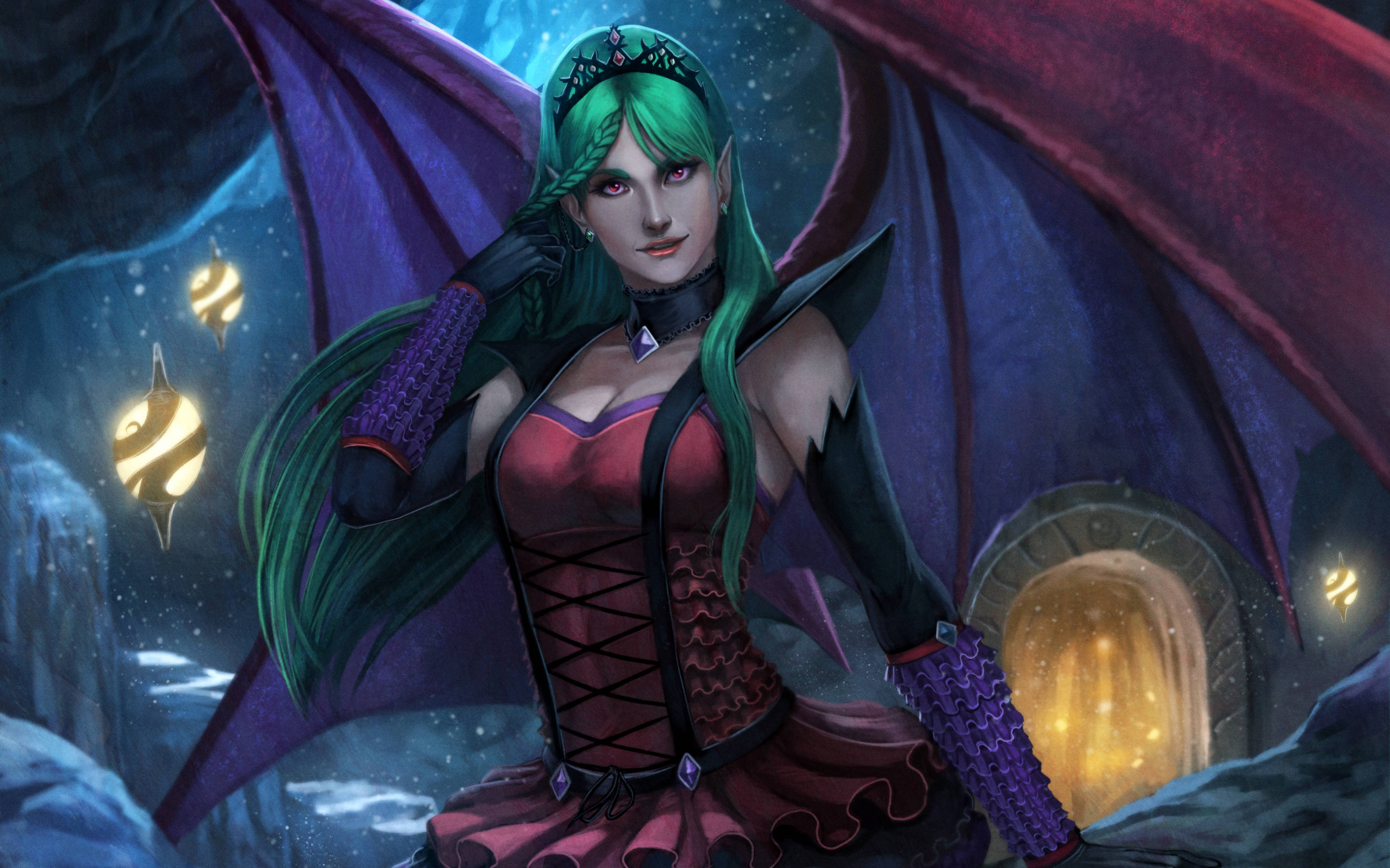 Succubus, green hair, purple wings, 2K Desktop Wallpaper