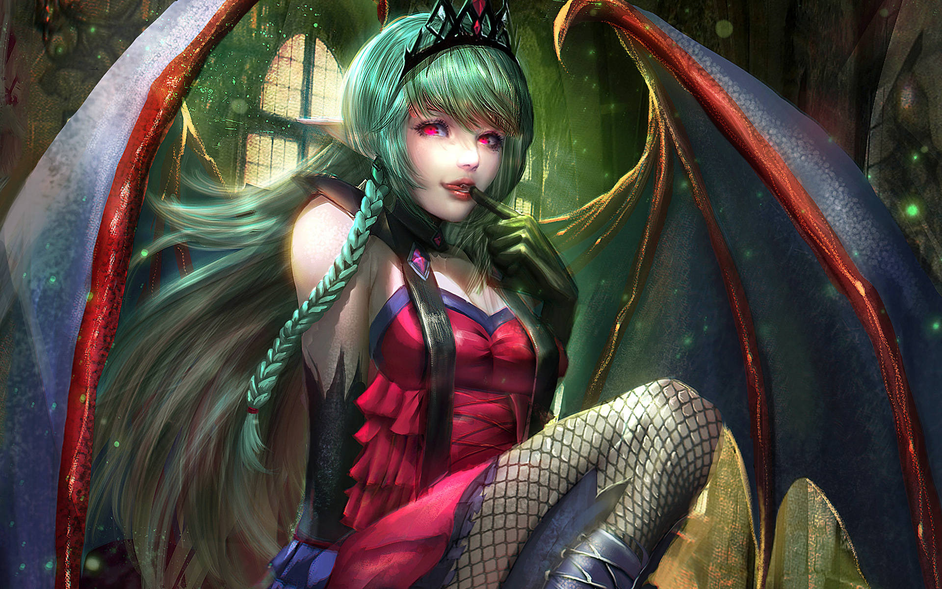Succubus, fishnet stockings, green hair, Full HD Desktop Wallpaper