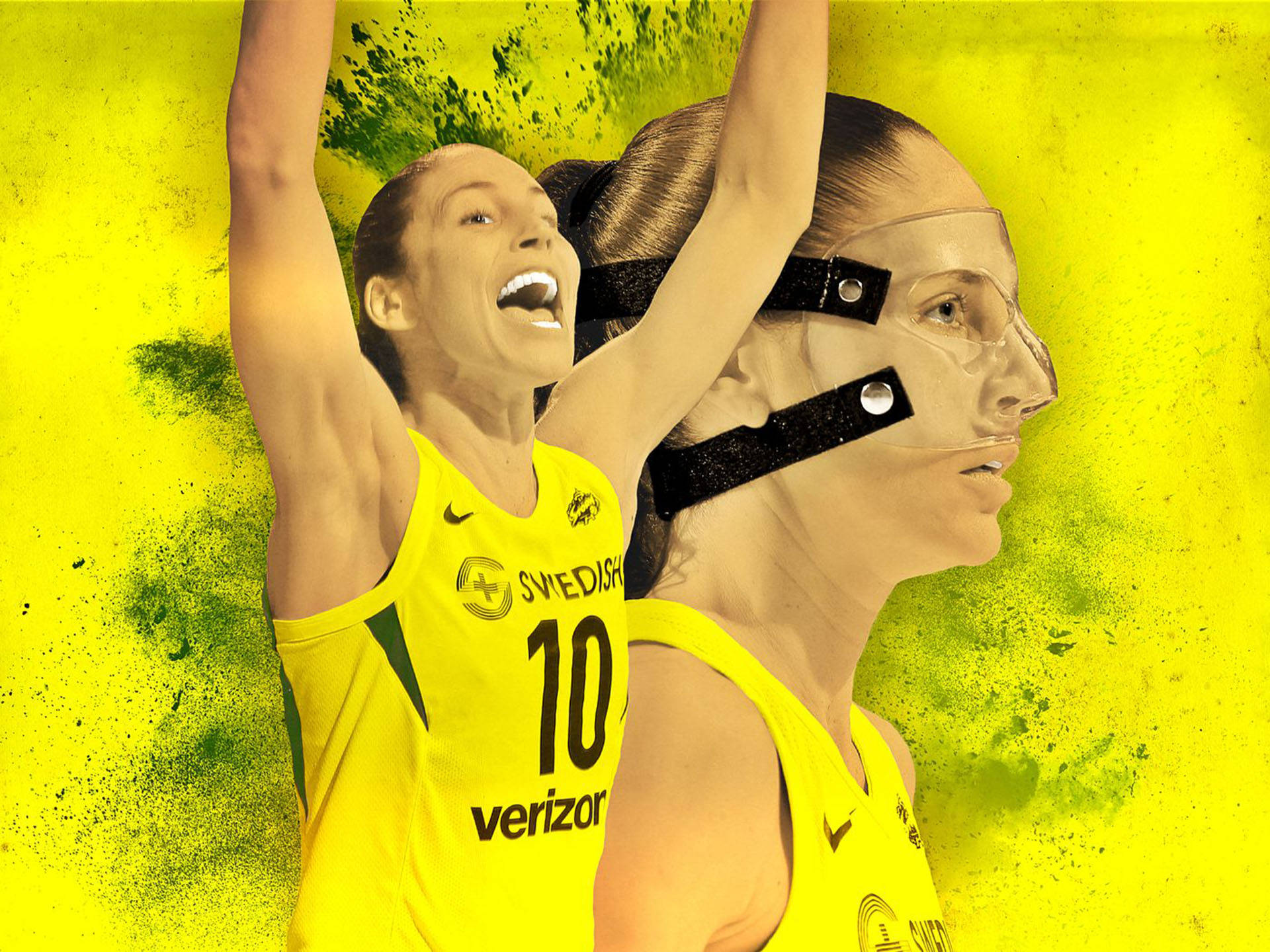 Sue Bird, yellow jerseys, vibrant yellow and green splatter background, Full HD Desktop Wallpaper