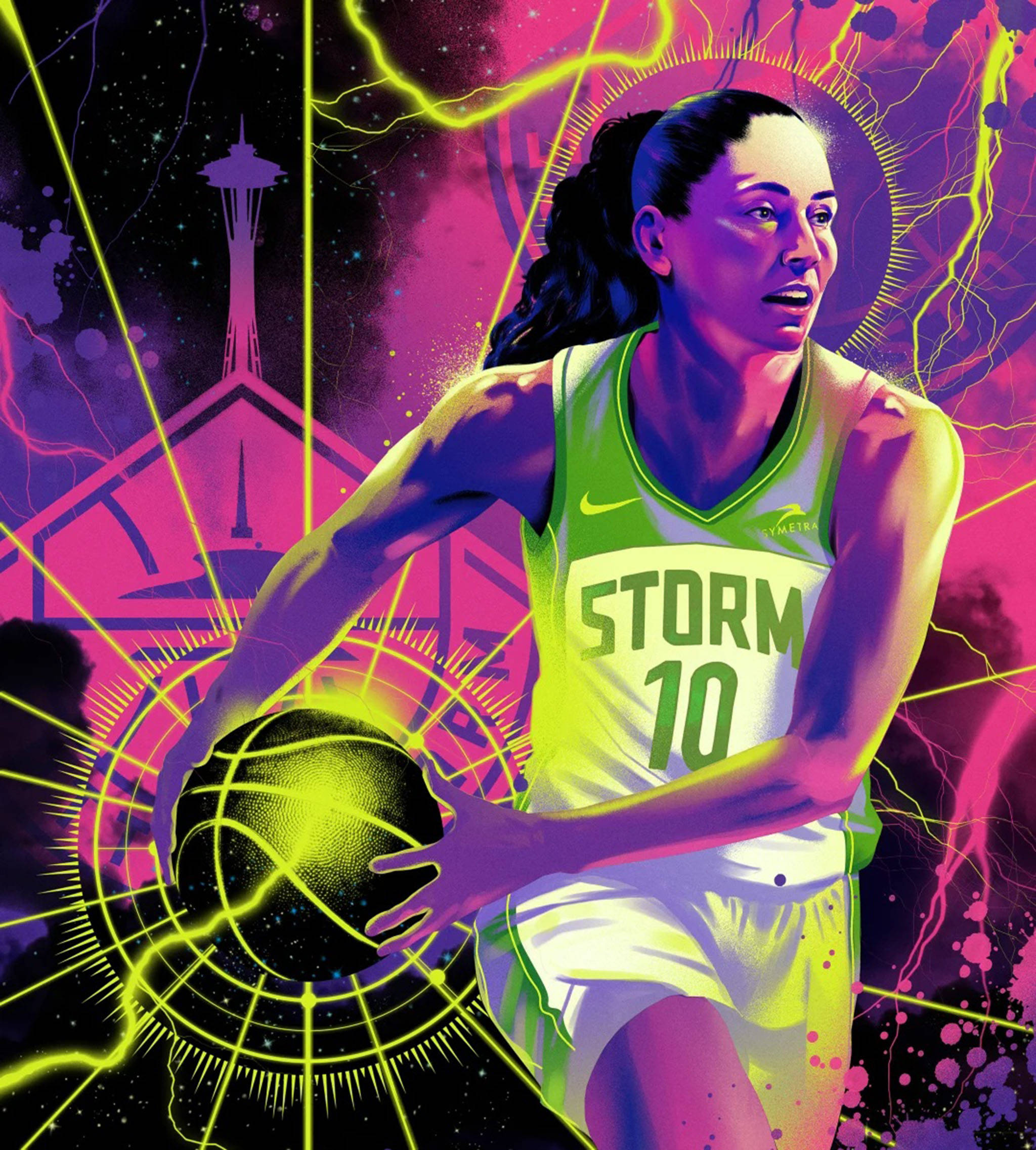 Sue Bird, neon-lit Seattle skyline, electric energy bursts, Full HD Phone Wallpaper