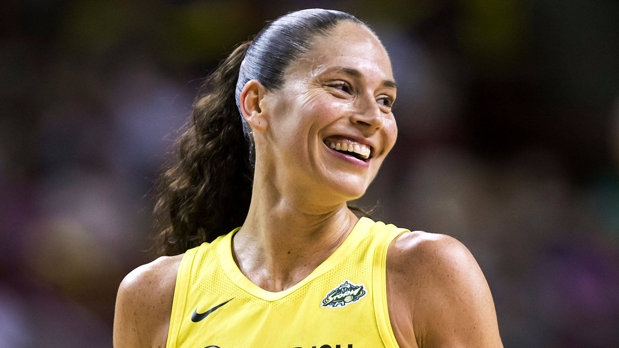 Sue Bird, yellow jersey, bright arena lights, Full HD Desktop Wallpaper