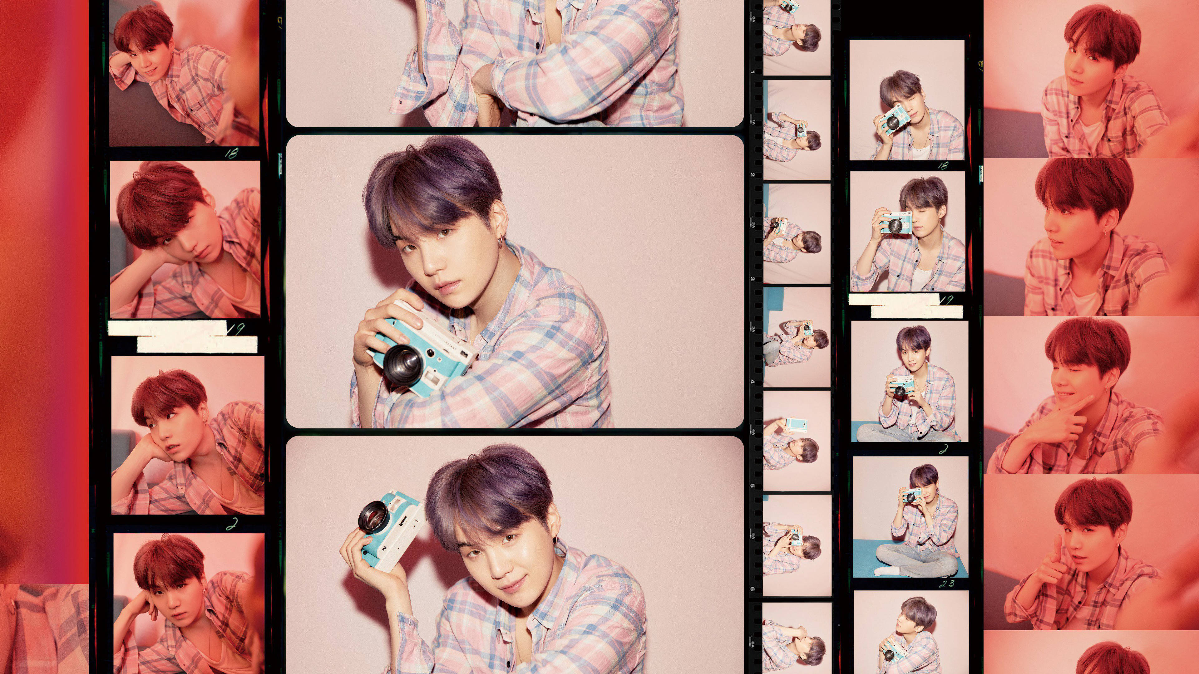SUGA, film strip, purple hair, 4K Desktop Wallpaper