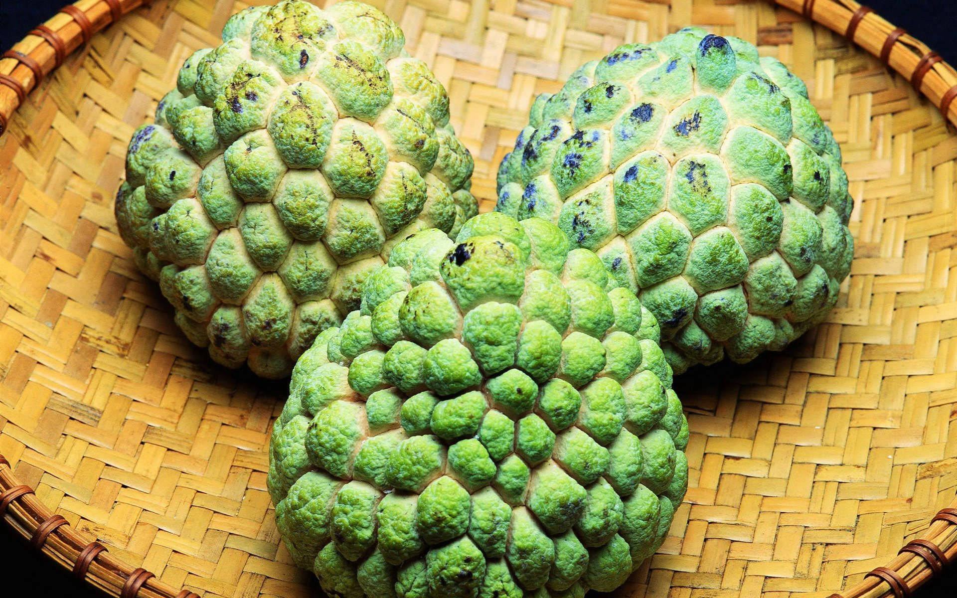 Sugar Apple, green spiky sweetsop fruits, woven bamboo basket, Full HD Desktop Wallpaper