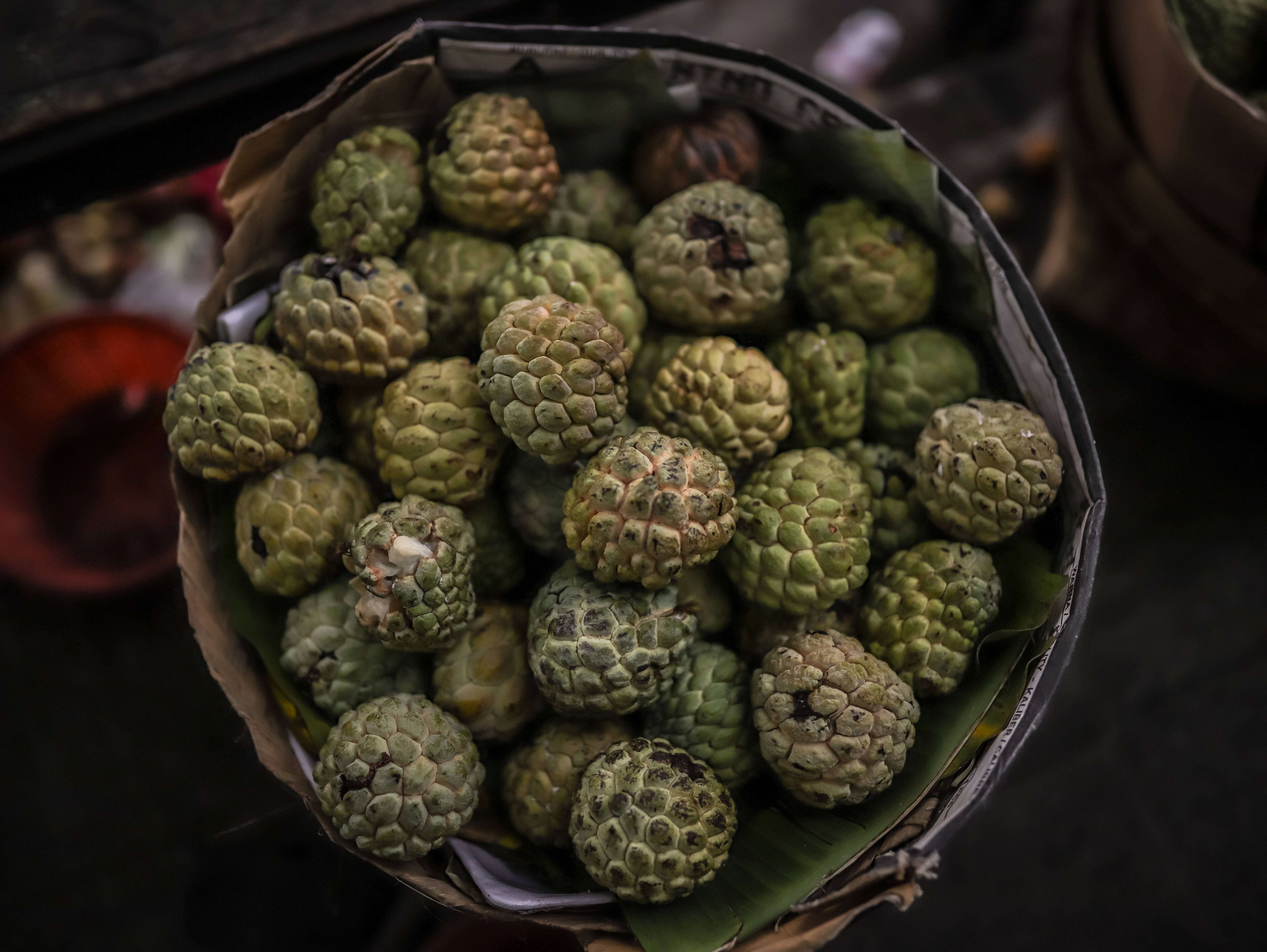 Sugar Apple, spiky green sweetsop fruits, woven basket, 5K Desktop Wallpaper
