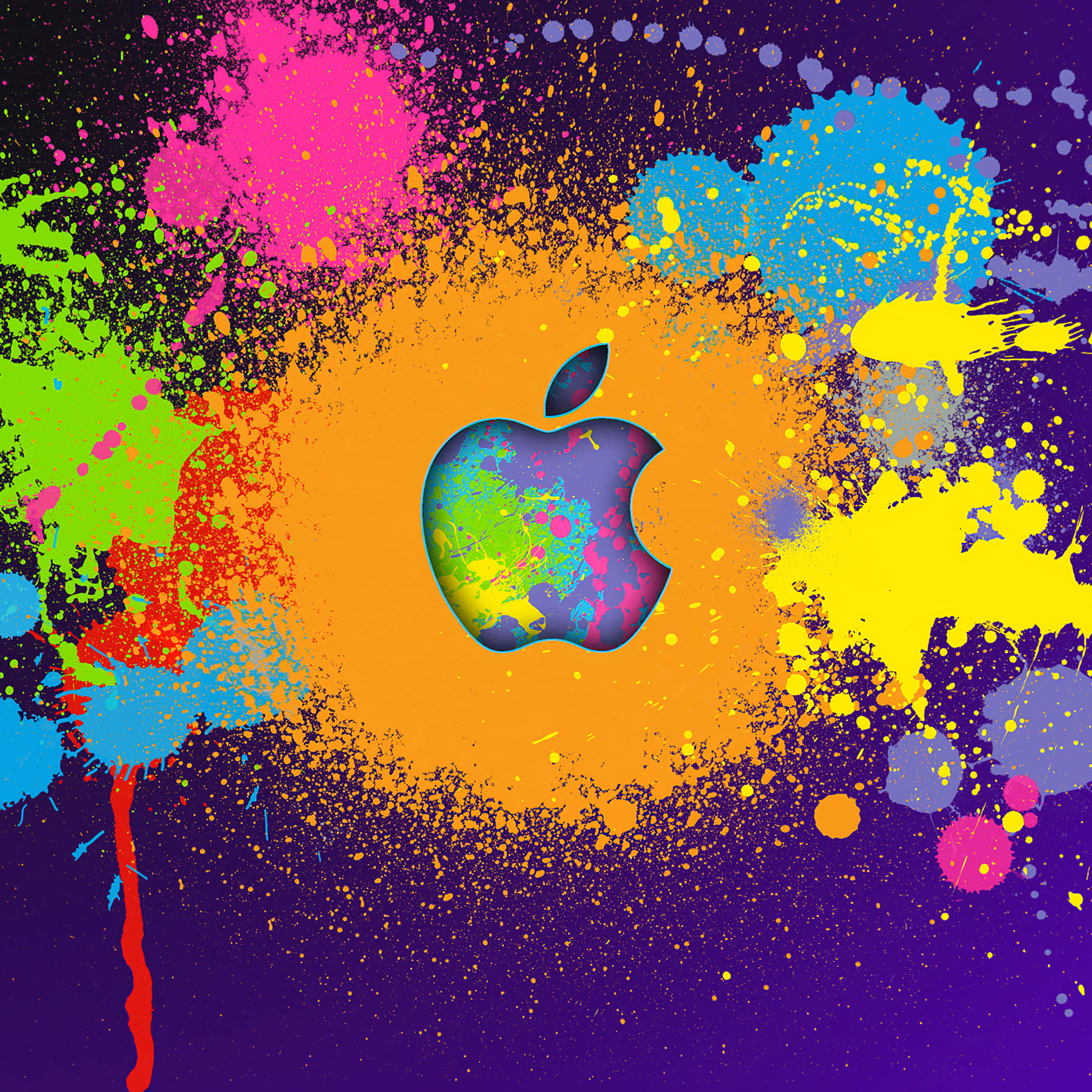 Apple logo, dark purple background, vibrant paint splatters, 2K Desktop Wallpaper