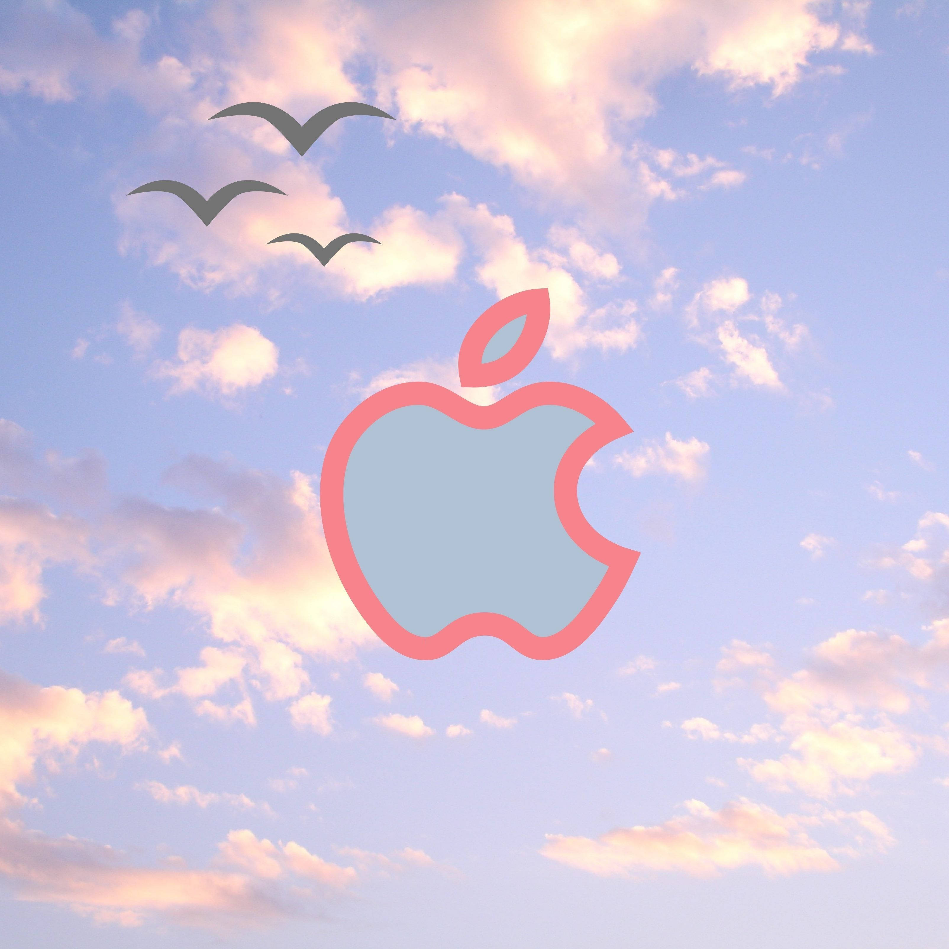 Apple logo, pastel sky, three birds, 2K Desktop Wallpaper
