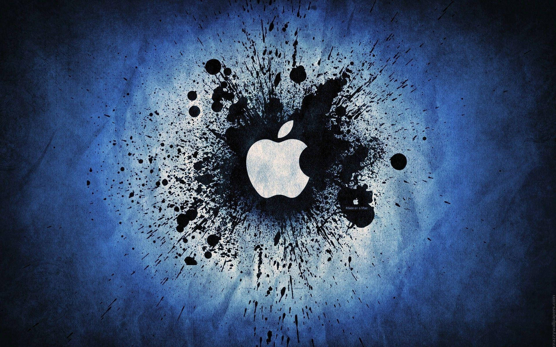 Apple logo, black ink splatter, textured dark blue background, Full HD Desktop Wallpaper