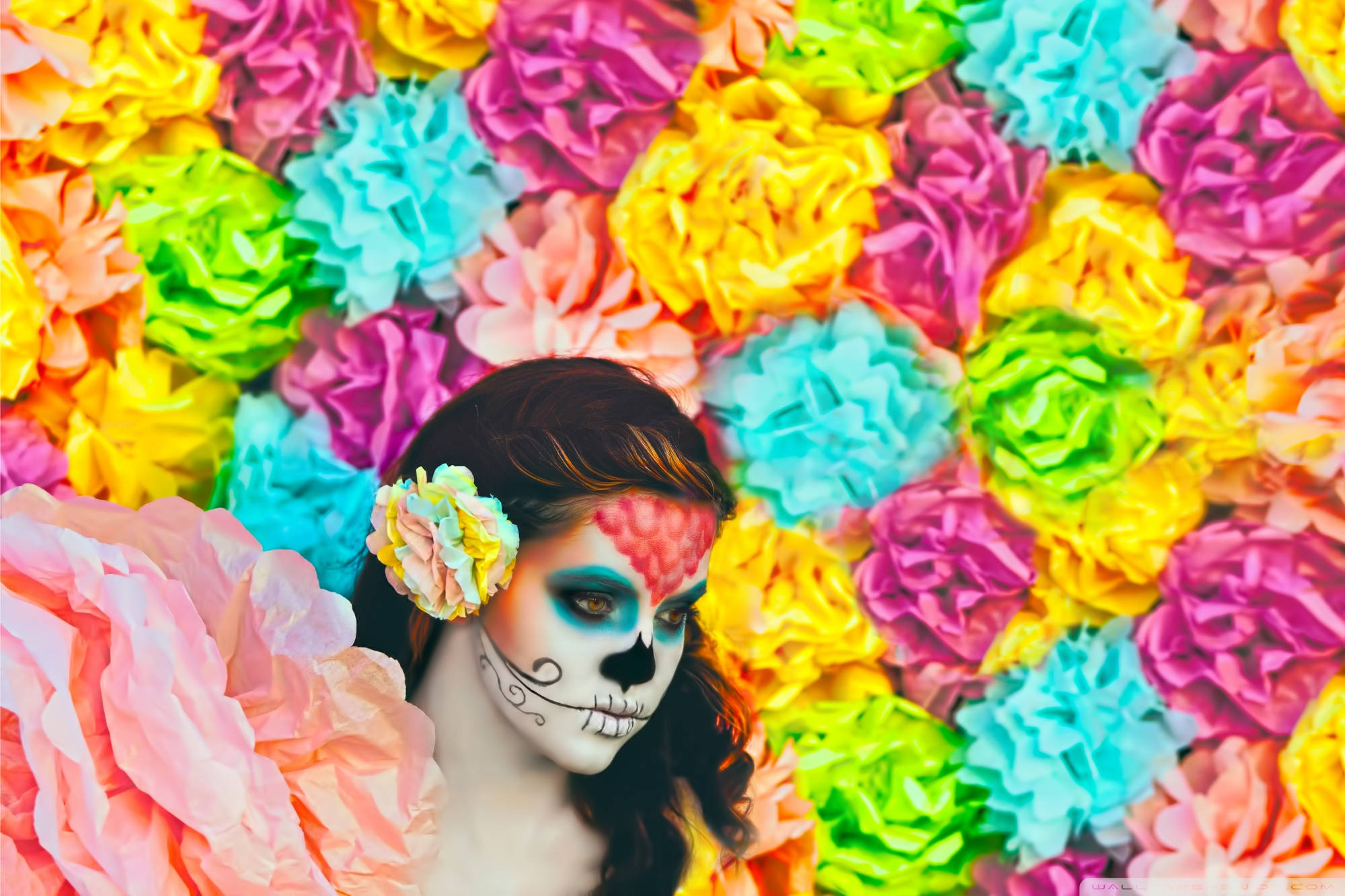 sugar skull makeup, floral hairpiece, colorful paper flowers, Full HD Desktop Wallpaper