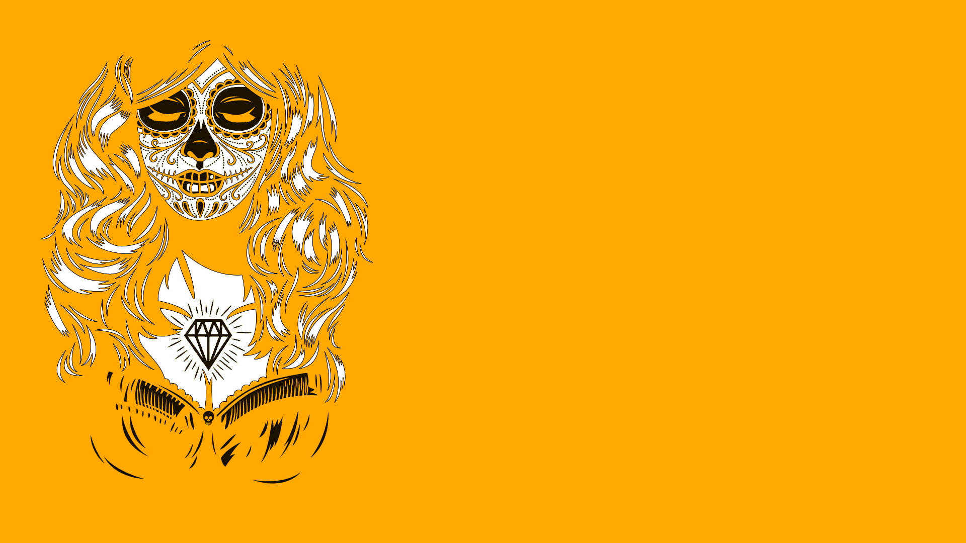 minimalist yellow sugar skull design, sugar skull woman, flowing hair, Full HD Desktop Wallpaper