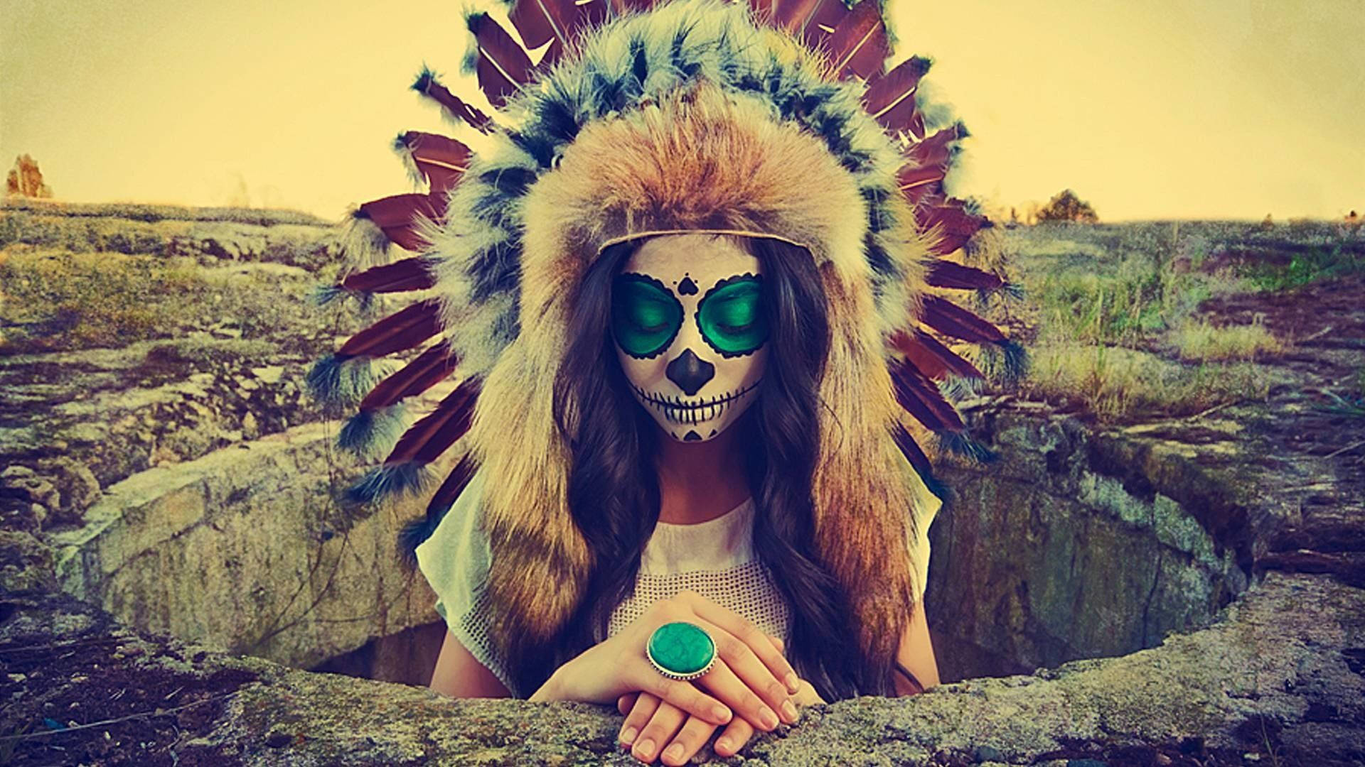 Sugar Skull Girl, feathered headdress, stone grave, Full HD Desktop Wallpaper