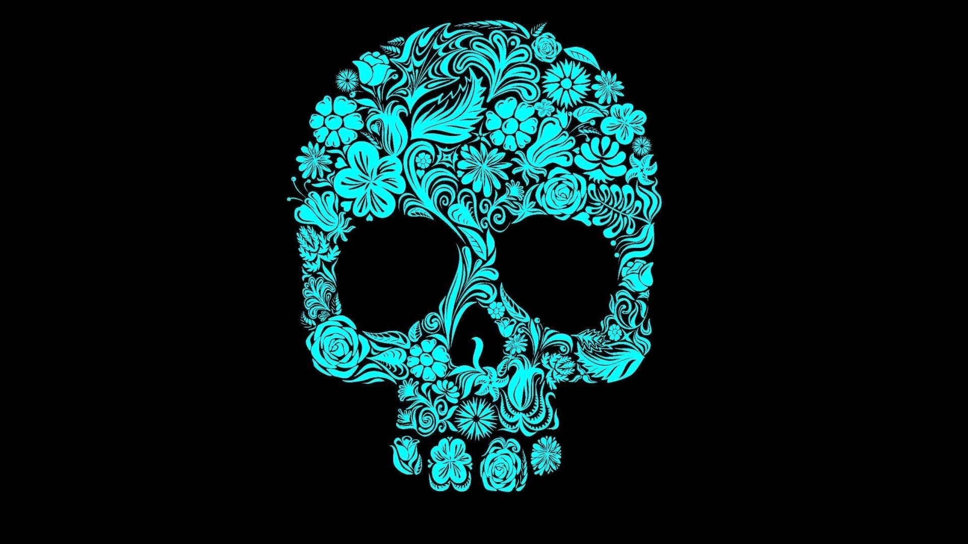 minimalist sugar skull design, vibrant turquoise, floral patterns, Full HD Desktop Wallpaper