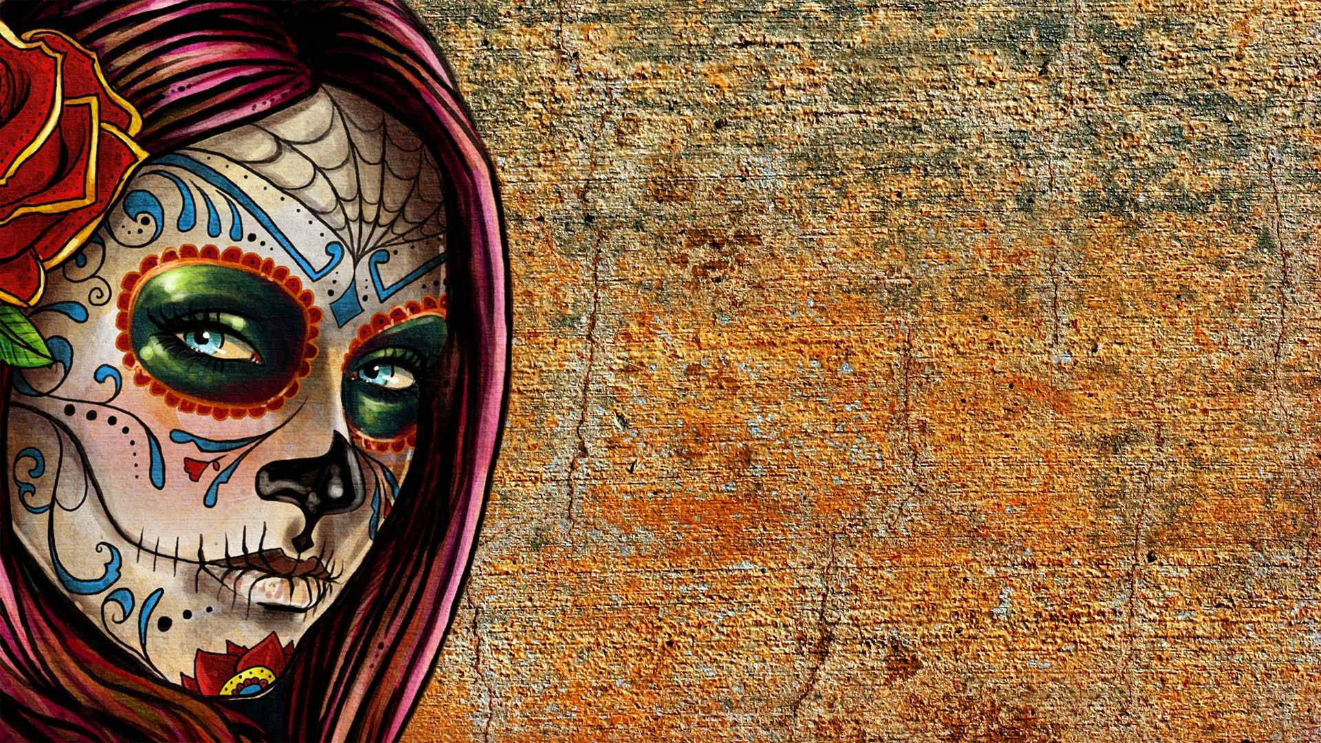 Sugar Skull Girl, concrete, red rose, Full HD Desktop Wallpaper