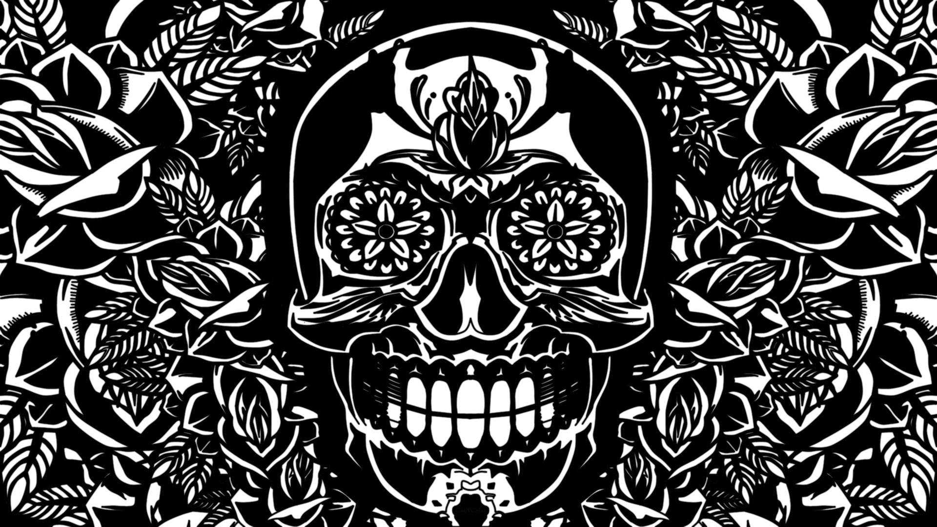 monochrome sugar skull design, black and white illustration, decorated skull, Full HD Desktop Wallpaper