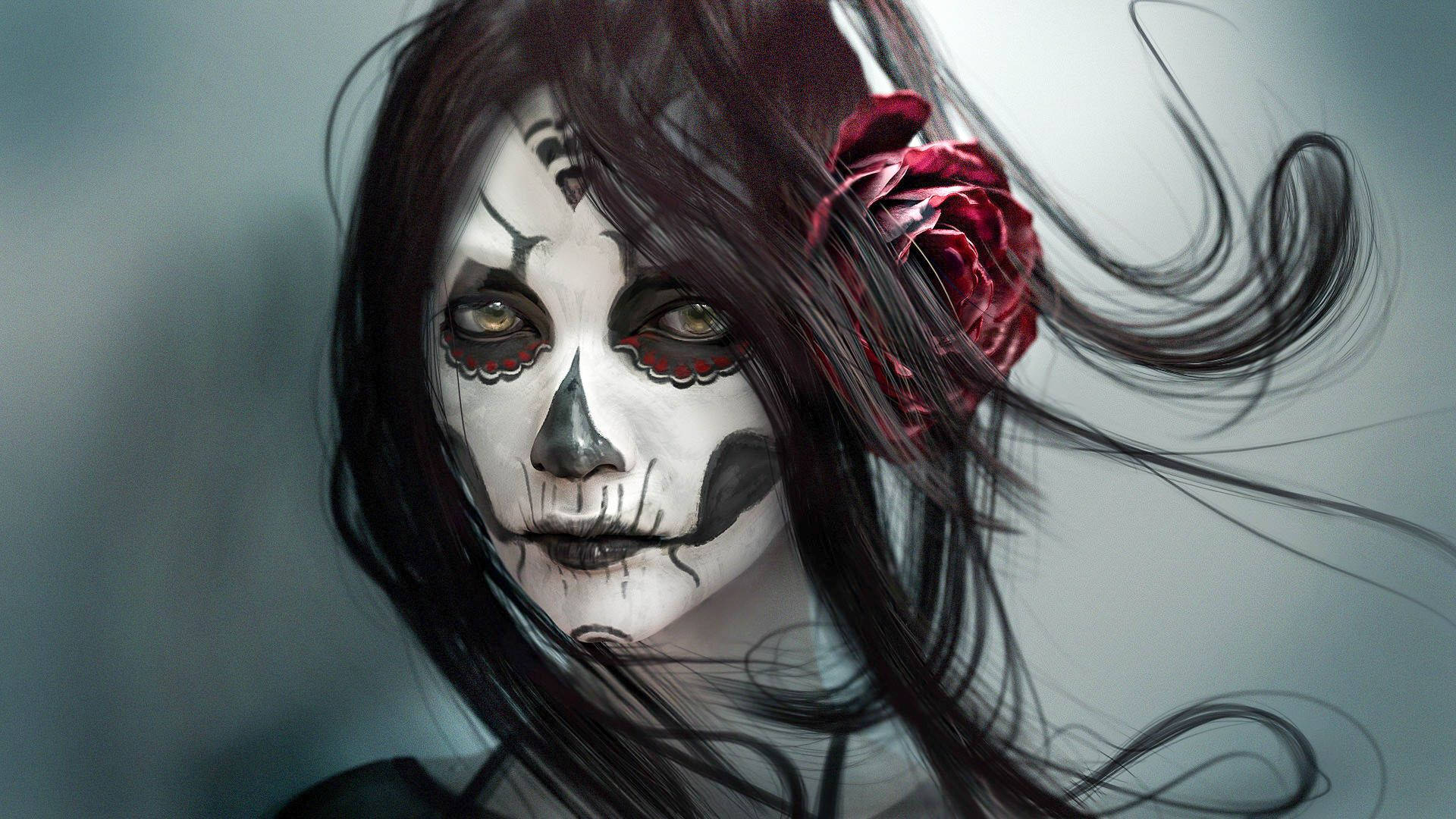 sugar skull, red rose, dark hair, Full HD Desktop Wallpaper