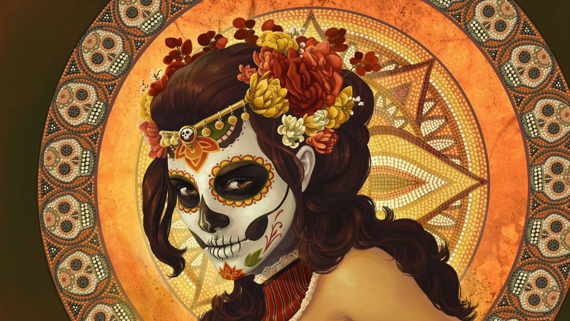 Sugar Skull, floral crown, ornate circular mosaic patterns, Full HD Desktop Wallpaper