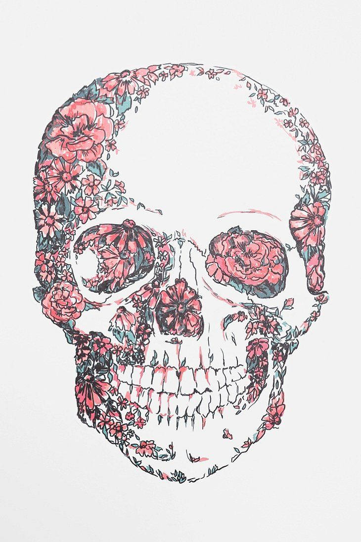 floral sugar skull, pink flowers, red flowers, SD Phone Wallpaper