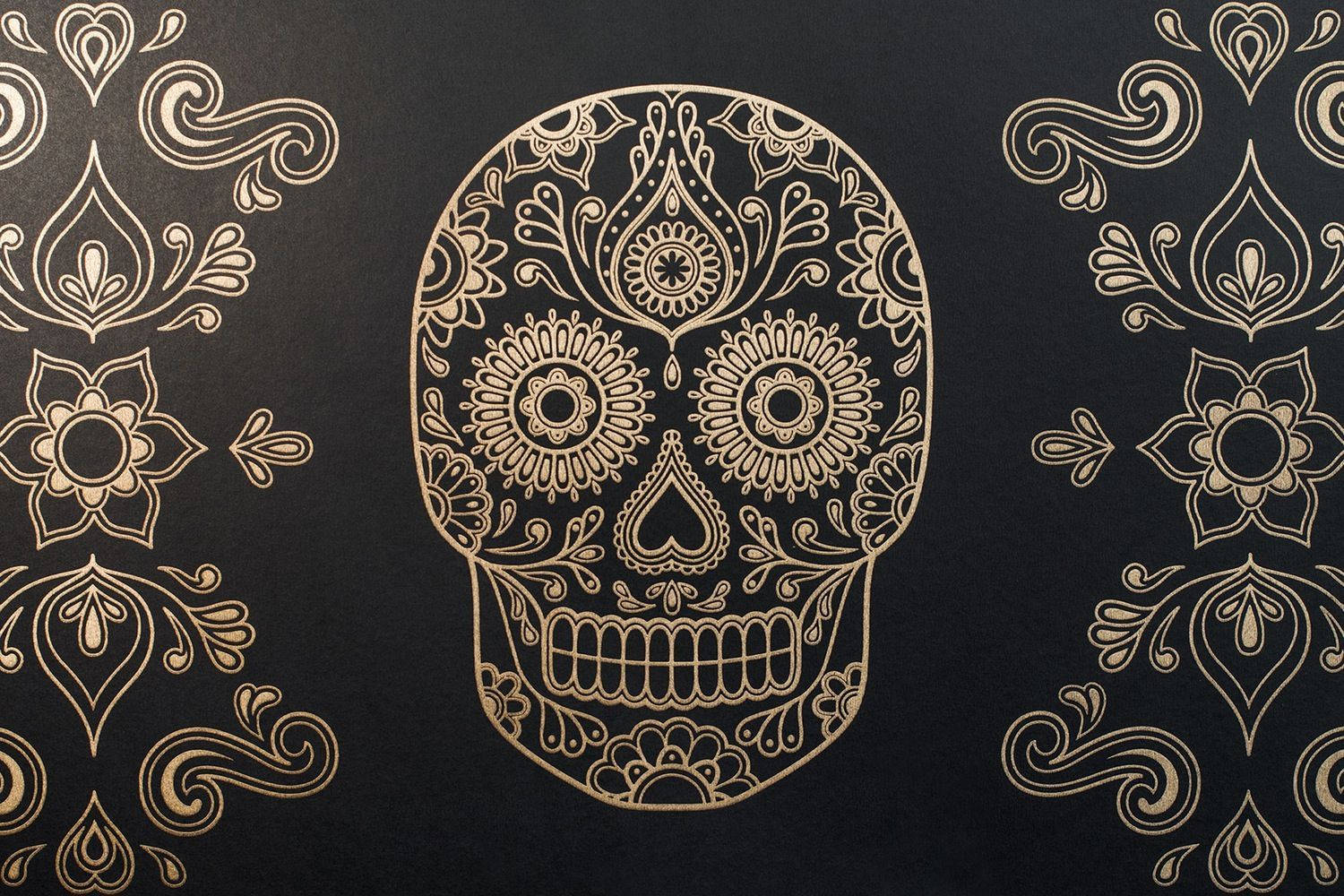black and gold sugar skull, gold sugar skull, floral patterns, HD Desktop Wallpaper