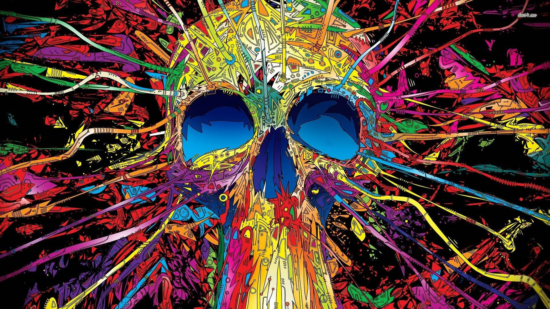 Sugar Skull, electric blue eye sockets, colorful chaotic lines, Full HD Desktop Wallpaper