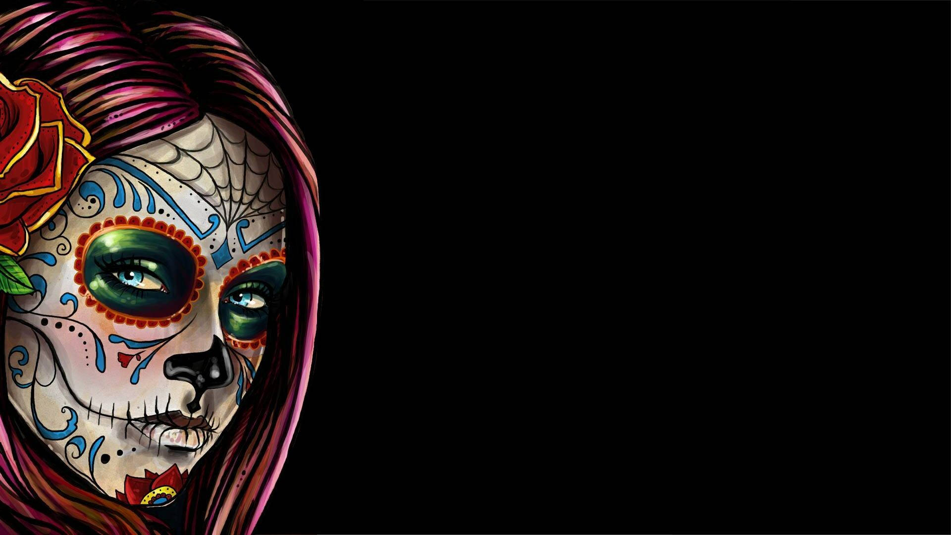 Sugar Skull Girl, magenta hair, red rose, Full HD Desktop Wallpaper
