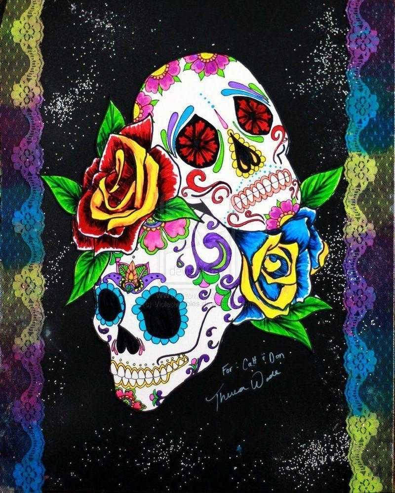 colorful sugar skulls, banners, roses, SD Phone Wallpaper