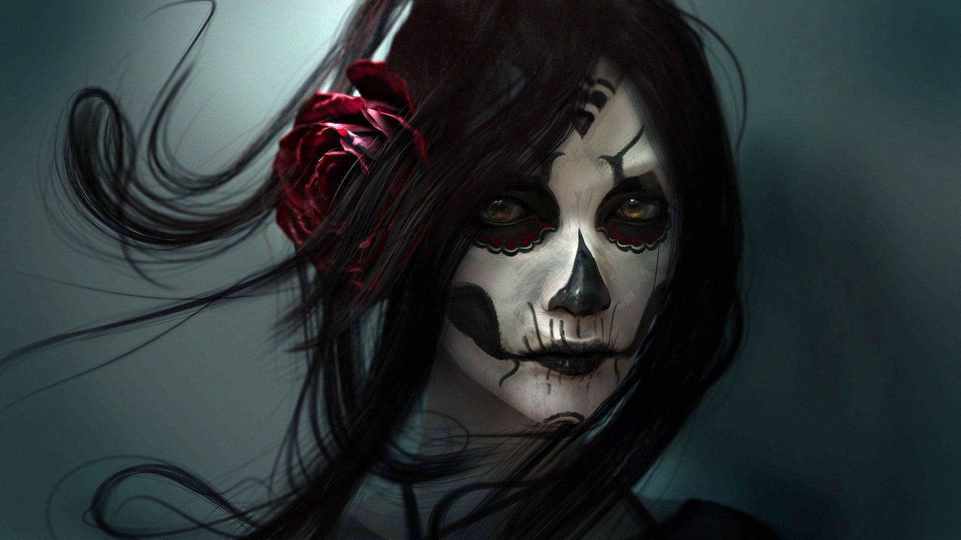 Sugar Skull, red rose, dark hair, Full HD Desktop Wallpaper