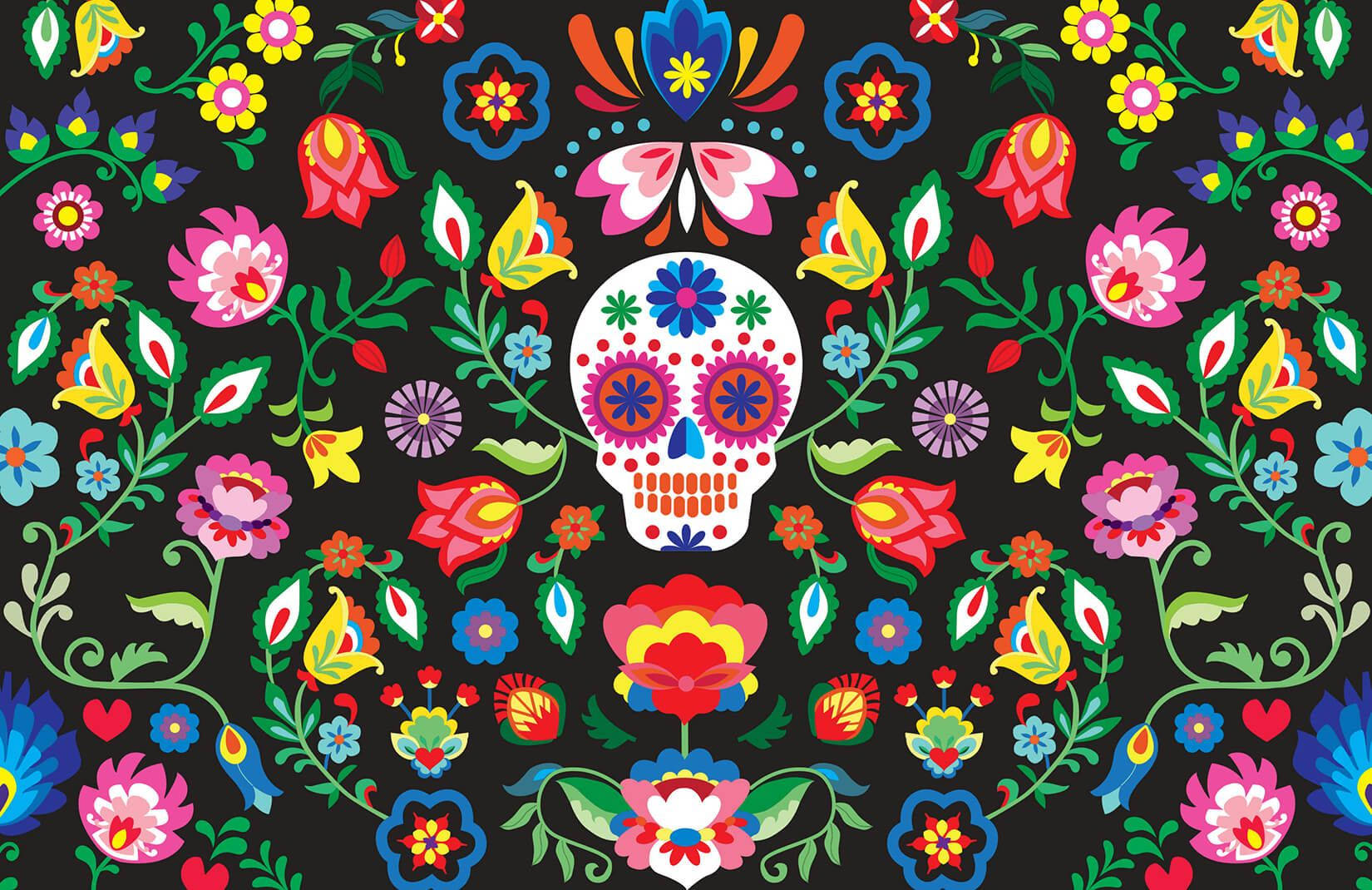 sugar skull, colorful flowers, black background, HD Desktop Wallpaper