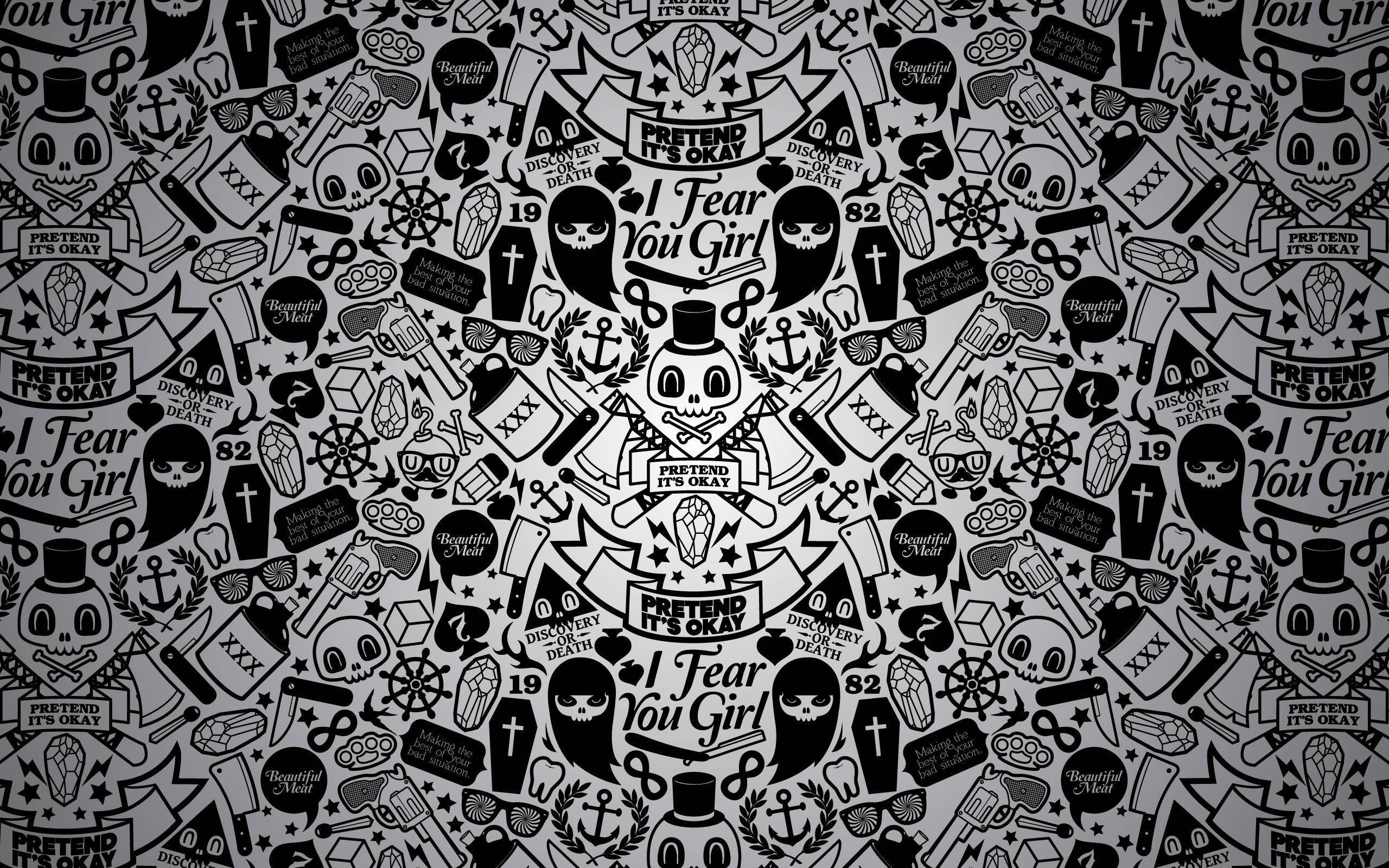 Sugar Skull, black and white repeating pattern, skulls, 2K Desktop Wallpaper